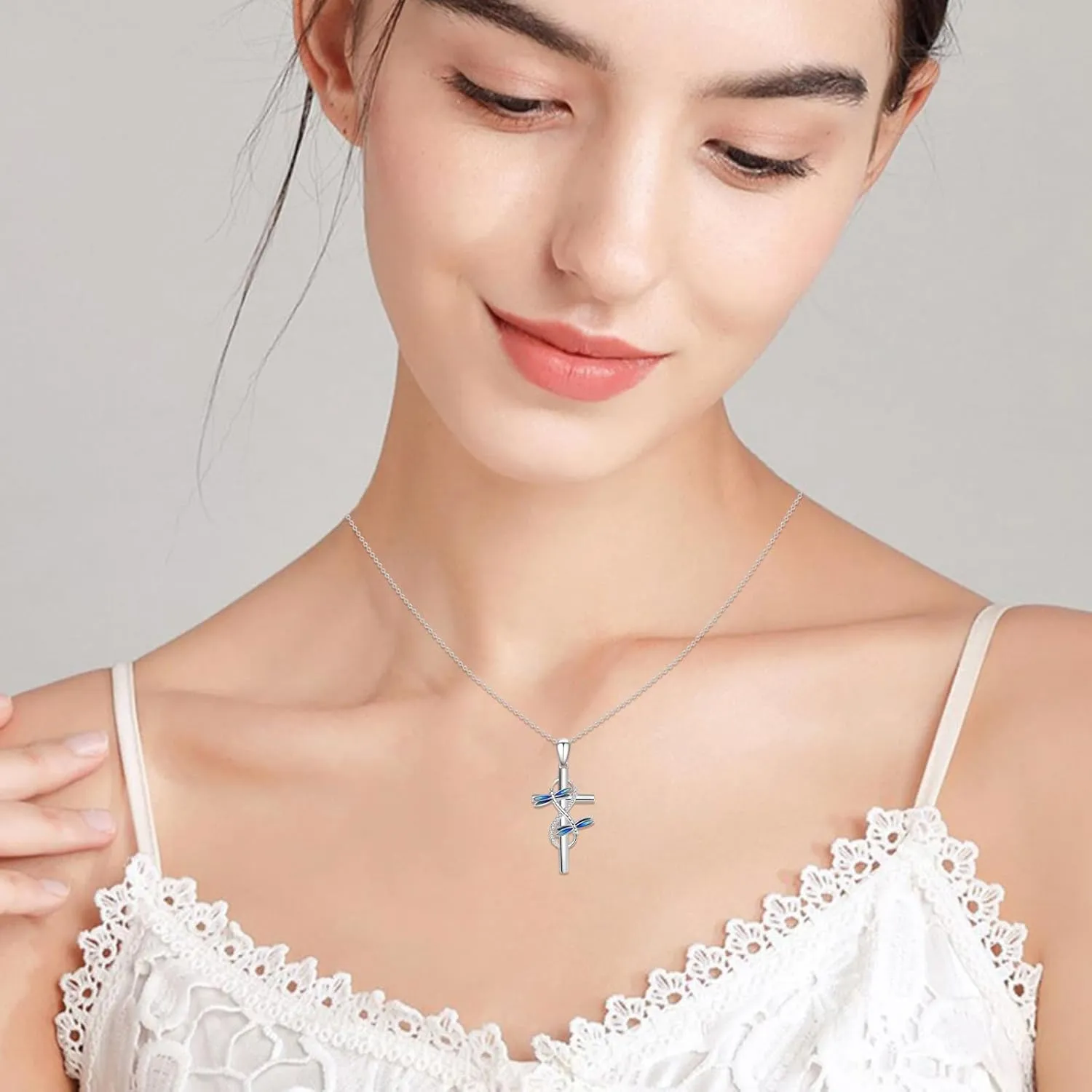 OHAYOO Dragonfly Cross Necklace for Women  925 Sterling Silver Infinity Faith Pendant with Sunflower, Butterfly & Ladybug  Nature Jewelry Mothers Day Gift
