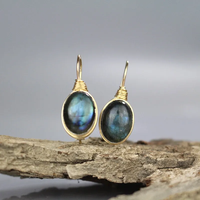 Oval Labradorite Wire Wrapped Earrings