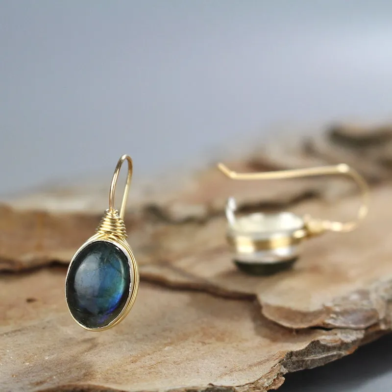Oval Labradorite Wire Wrapped Earrings