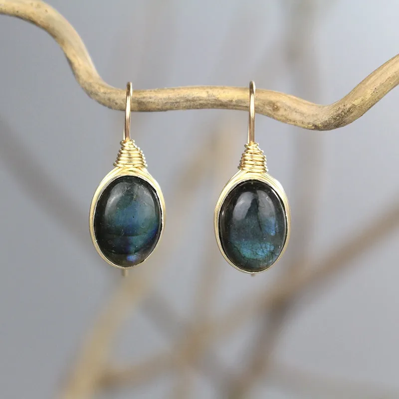 Oval Labradorite Wire Wrapped Earrings