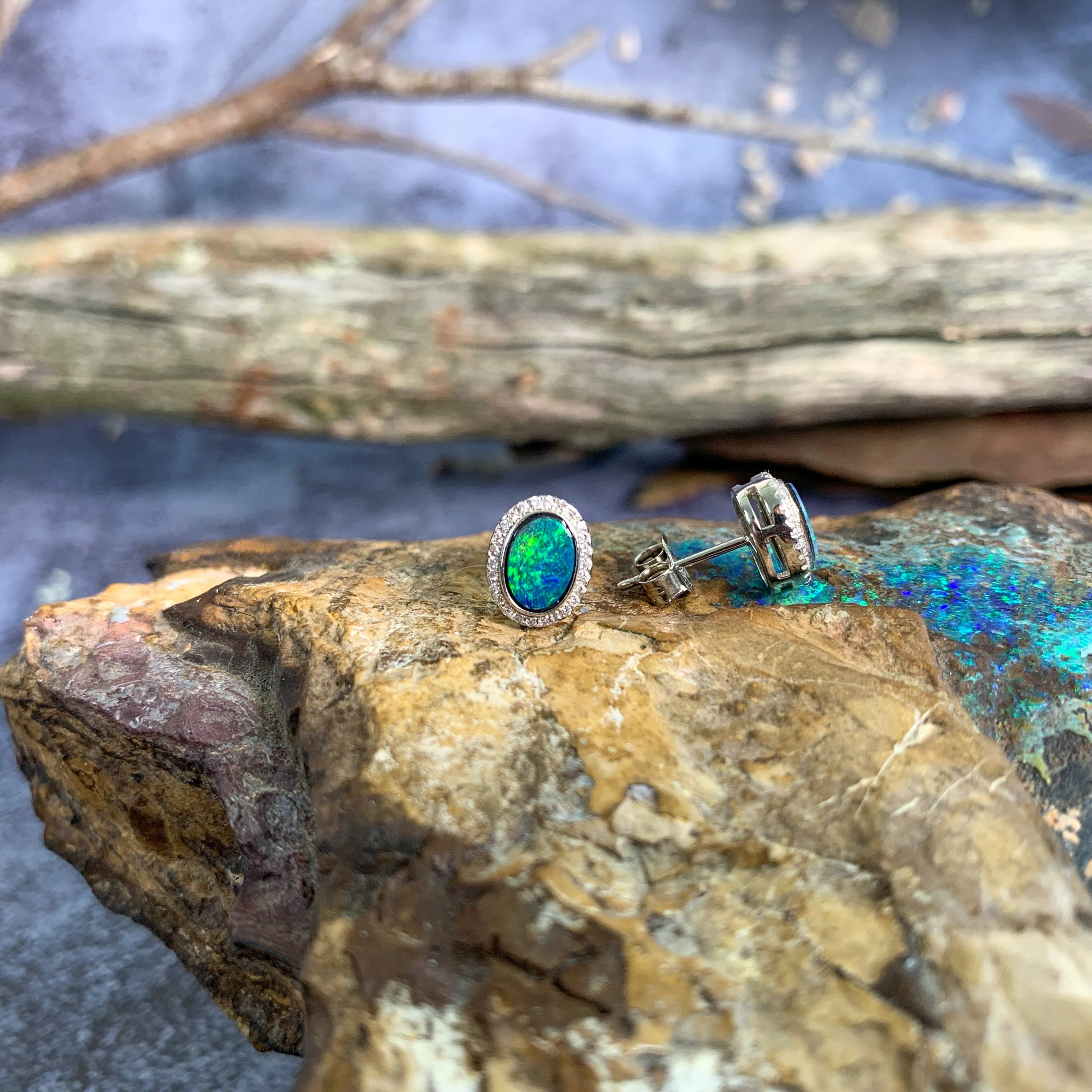 Pair of Sterling Silver Oval cluster Opal studs