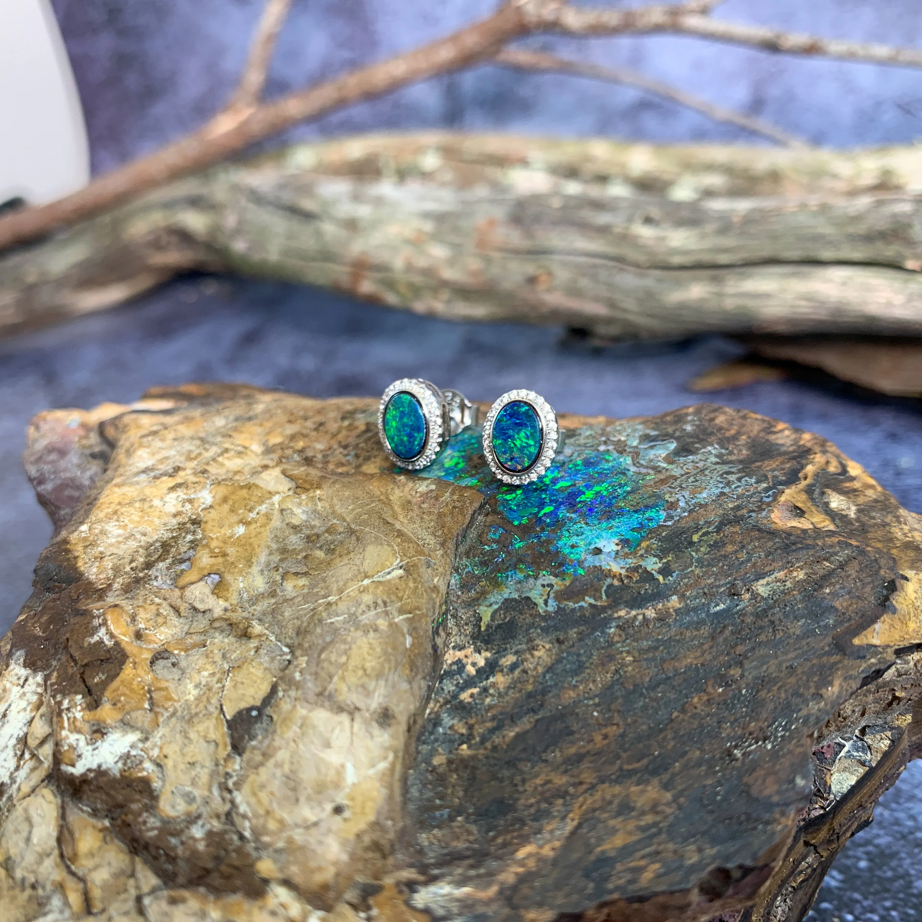 Pair of Sterling Silver Oval cluster Opal studs