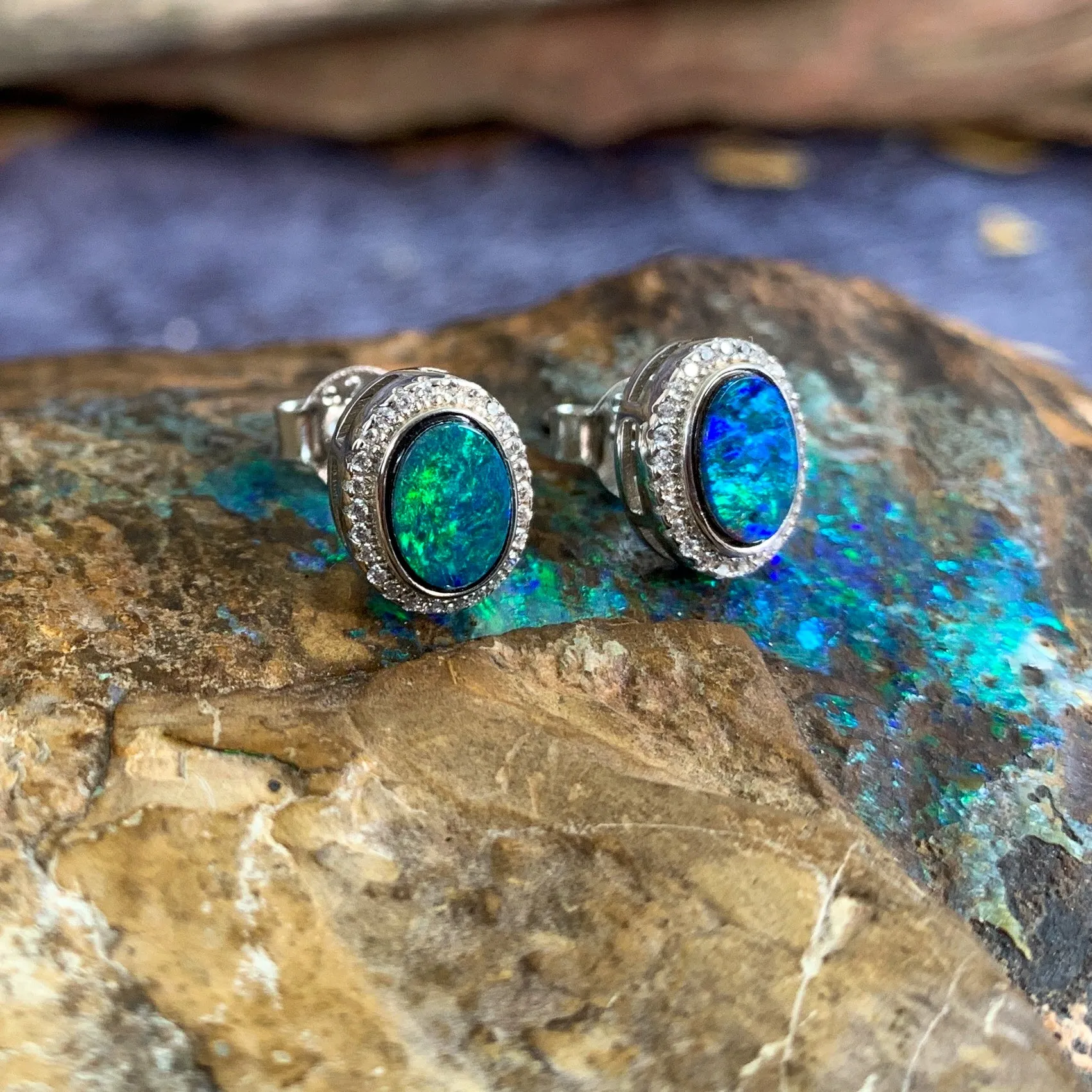 Pair of Sterling Silver Oval cluster Opal studs