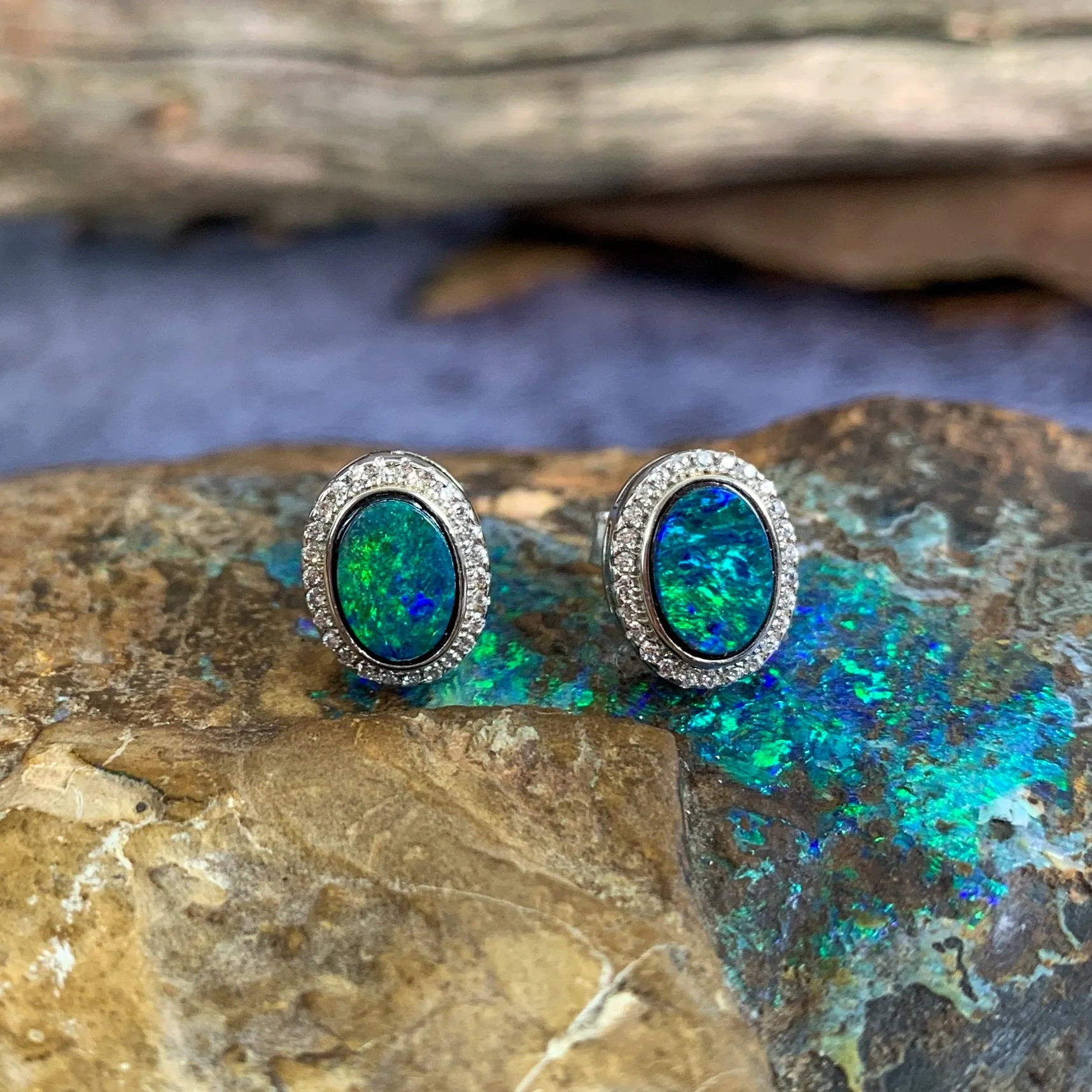Pair of Sterling Silver Oval cluster Opal studs