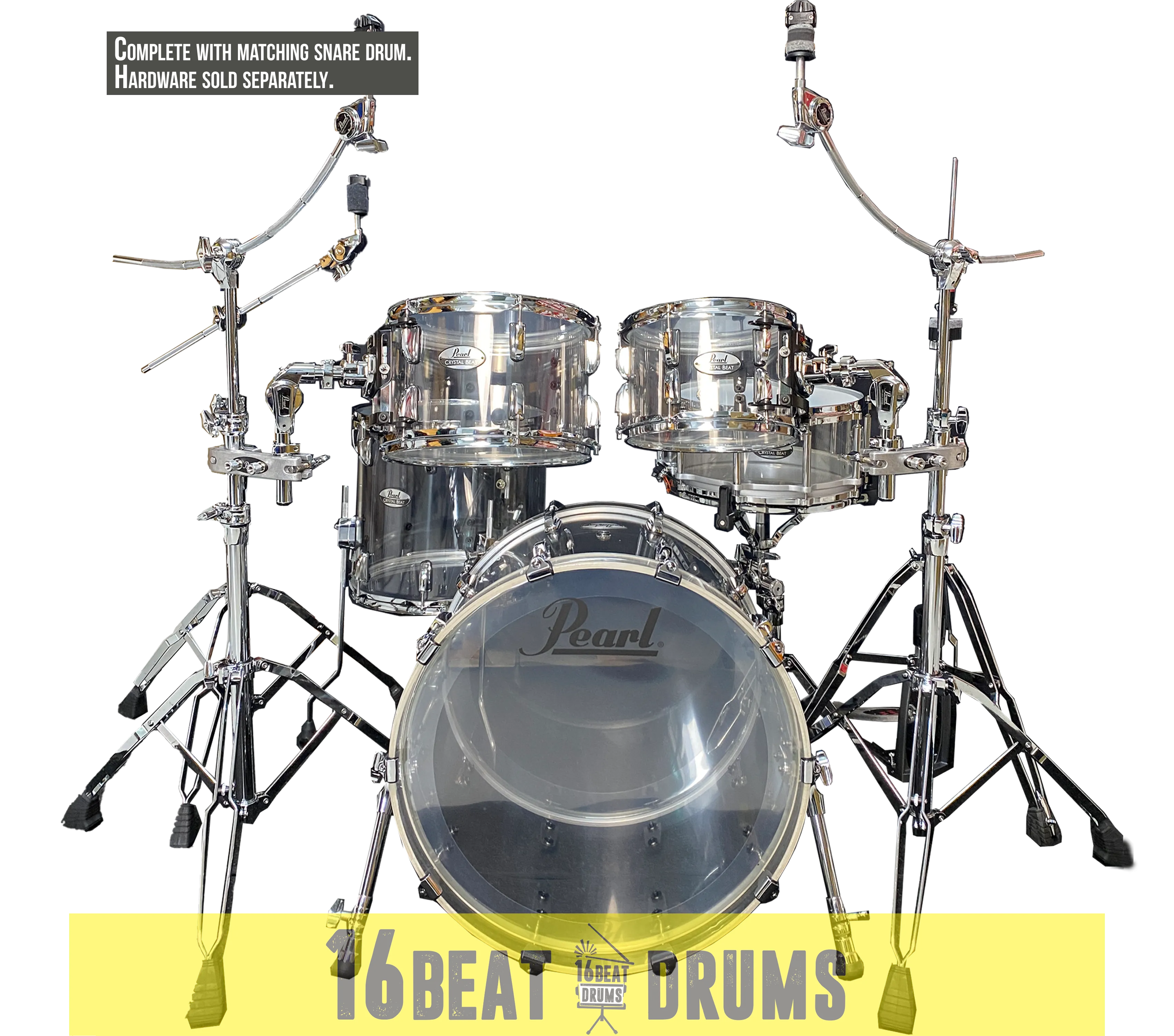 Pearl CRYSTAL BEAT series in Ultra Clear Acrylic, complete 5 piece shell set including matching snare drum with 22" kick