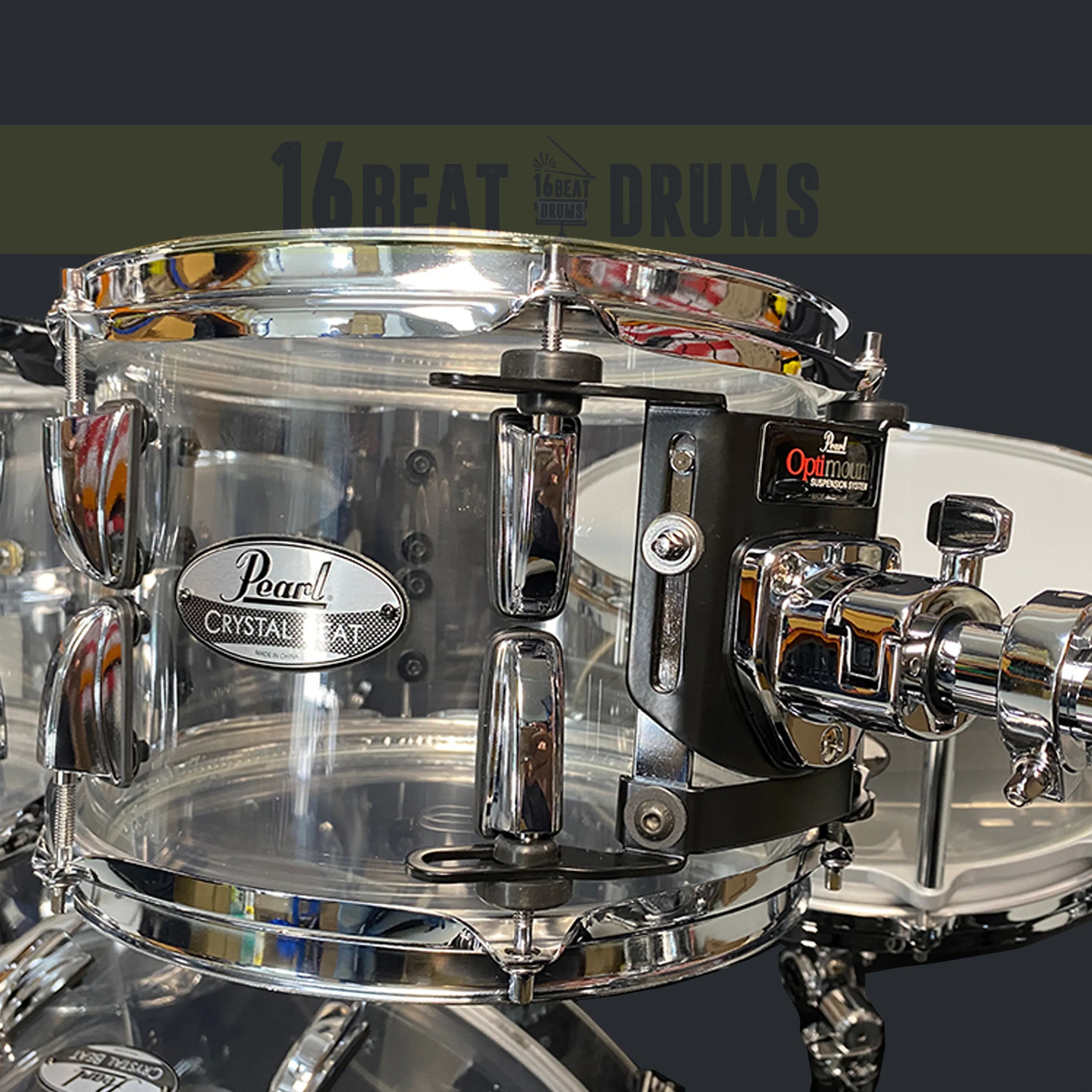 Pearl CRYSTAL BEAT series in Ultra Clear Acrylic, complete 5 piece shell set including matching snare drum with 22" kick