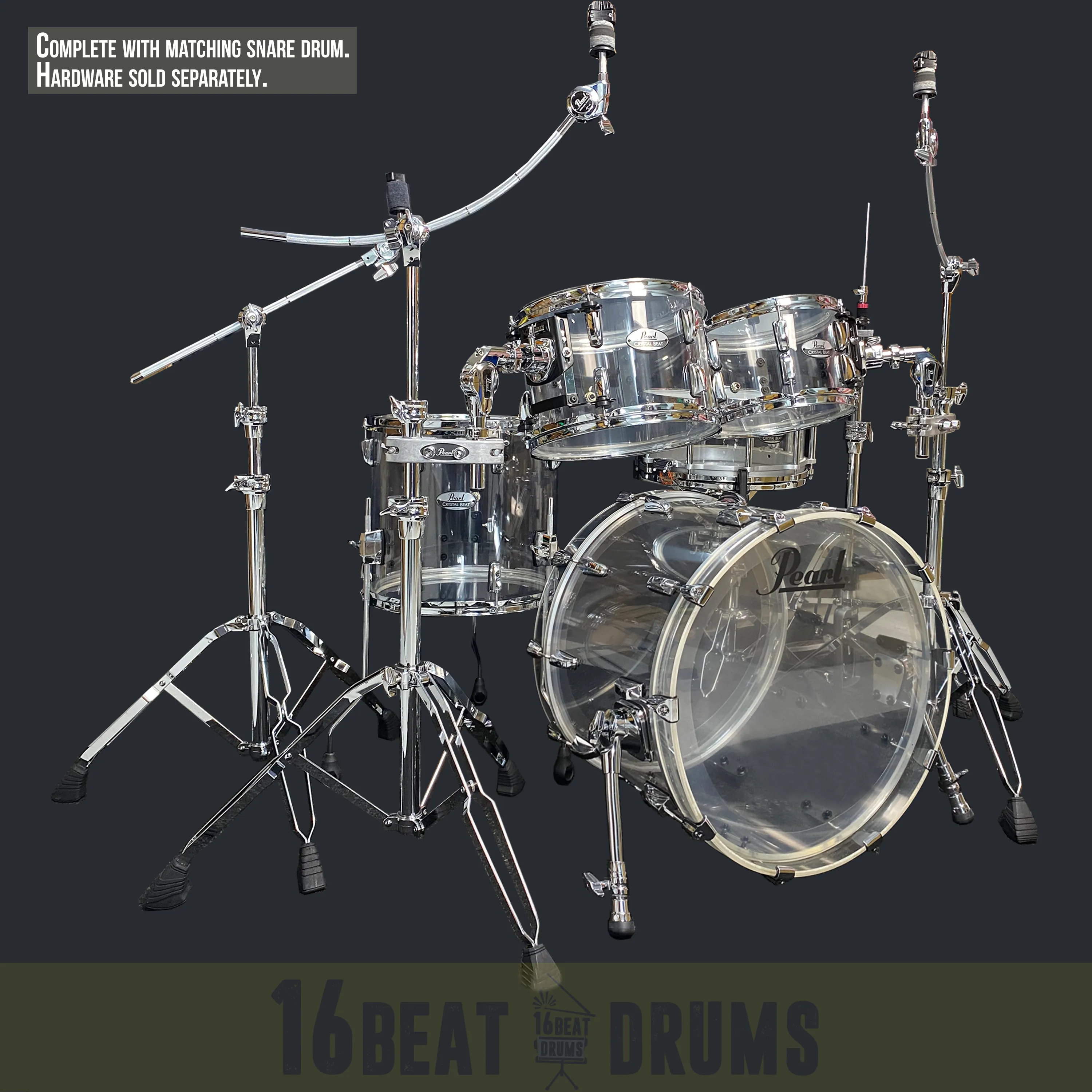 Pearl CRYSTAL BEAT series in Ultra Clear Acrylic, complete 5 piece shell set including matching snare drum with 22" kick