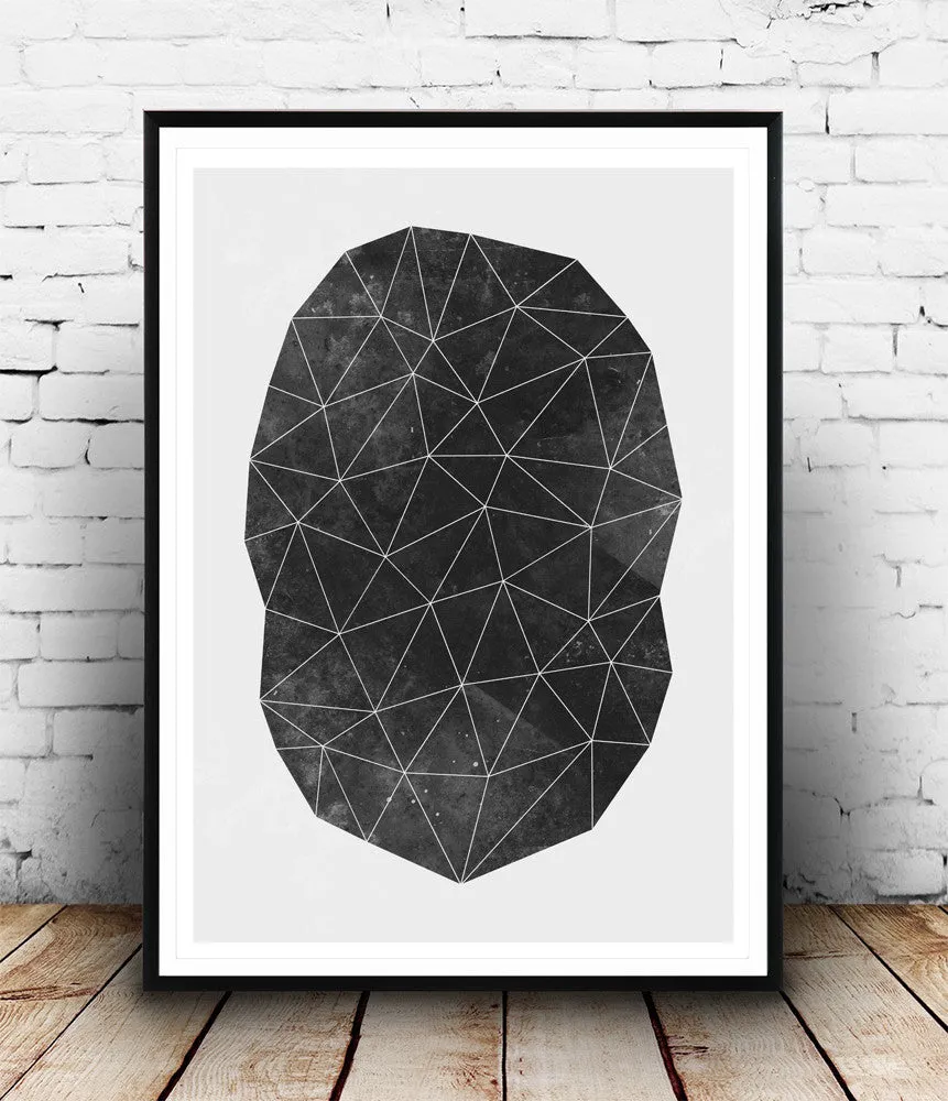 Polygon abstract geometric print, black and white wall art