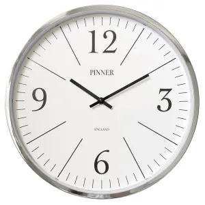 PREMIUS Round Decorative and Minimalist Clean Lines Wall Clock, Silver, 14 Inches