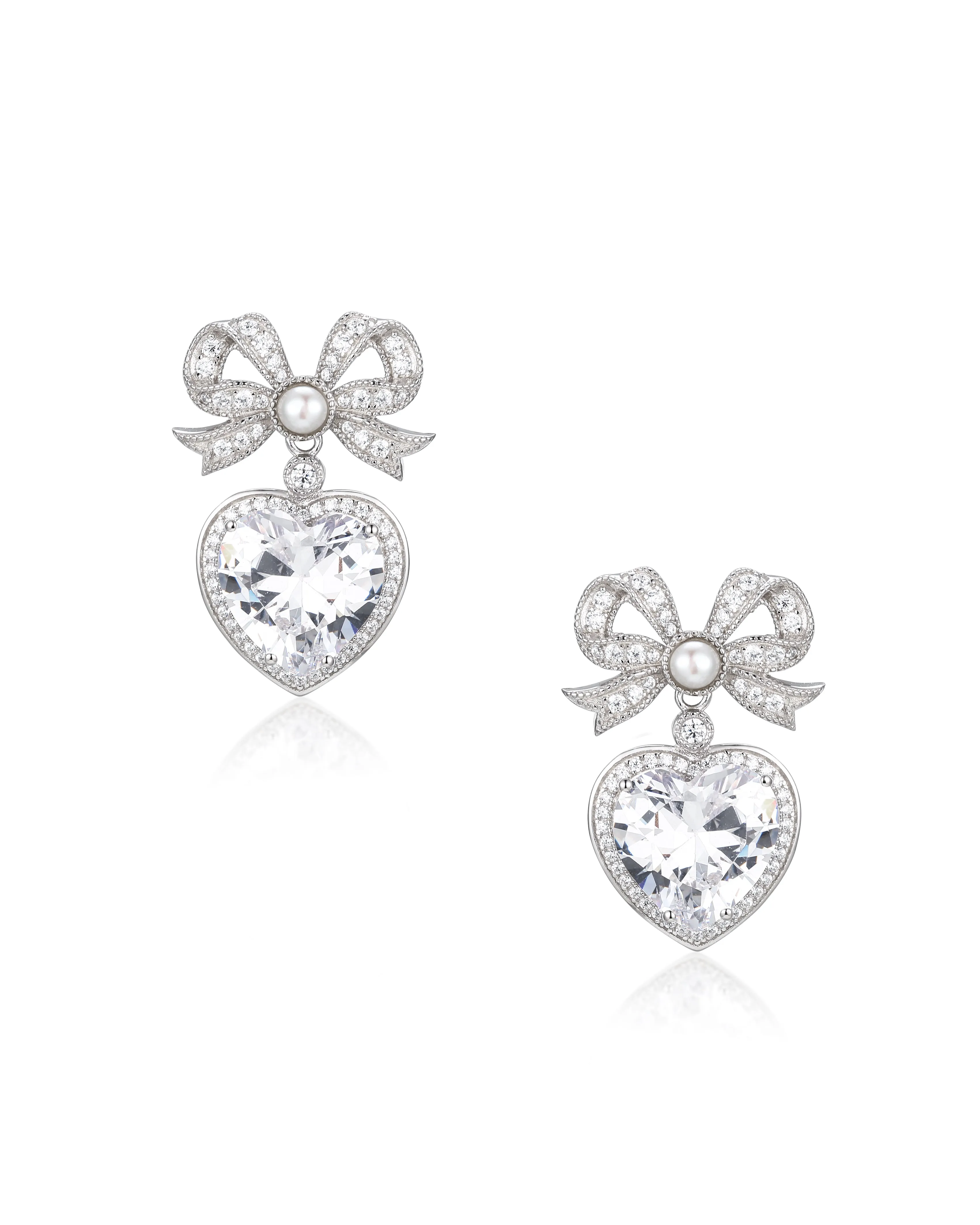 'Princess' Bow and Crystal Heart Silver Earrings With Pearl