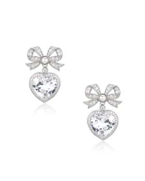 'Princess' Bow and Crystal Heart Silver Earrings With Pearl