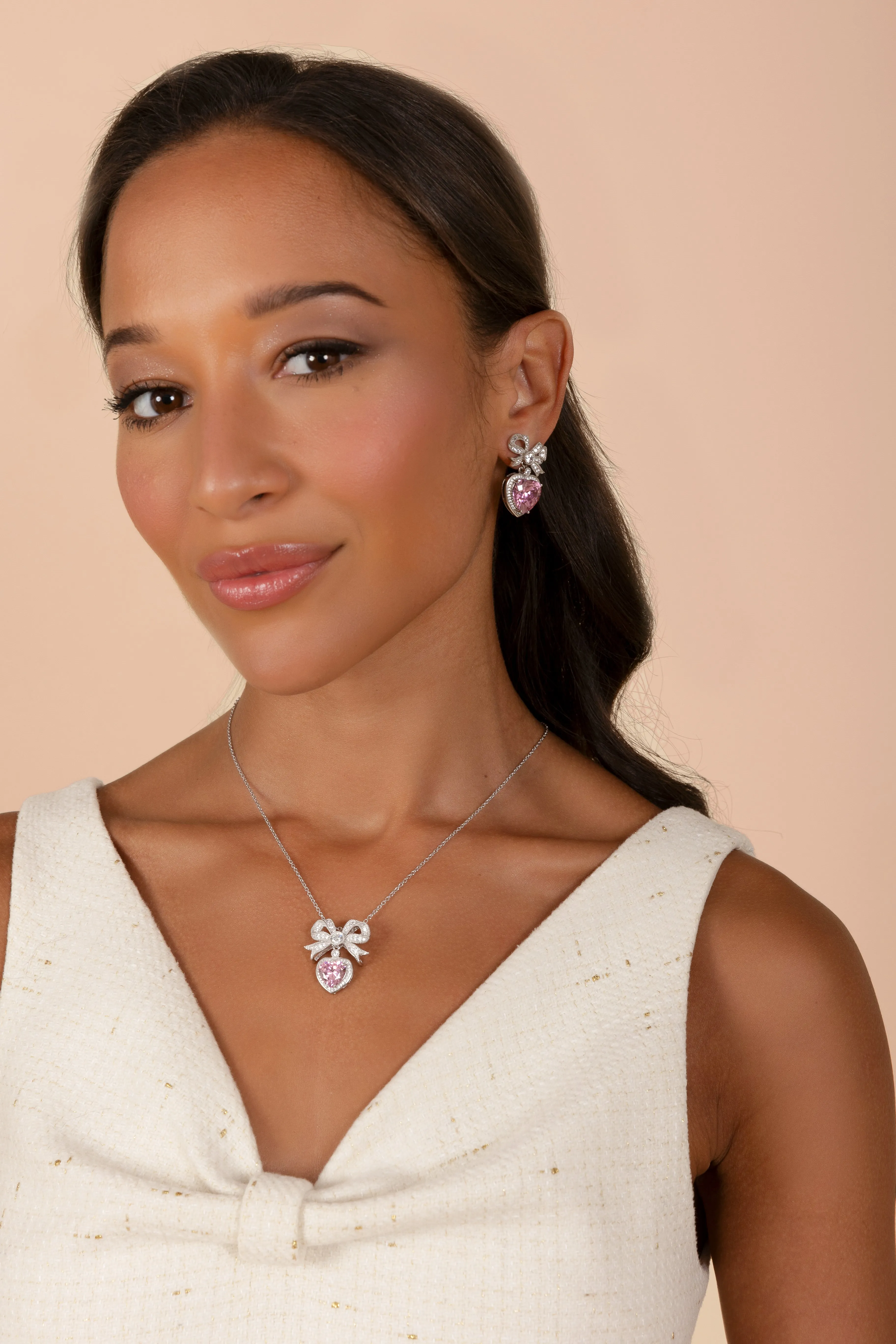 'Princess' Bow and Pink Crystal Heart Silver Earrings