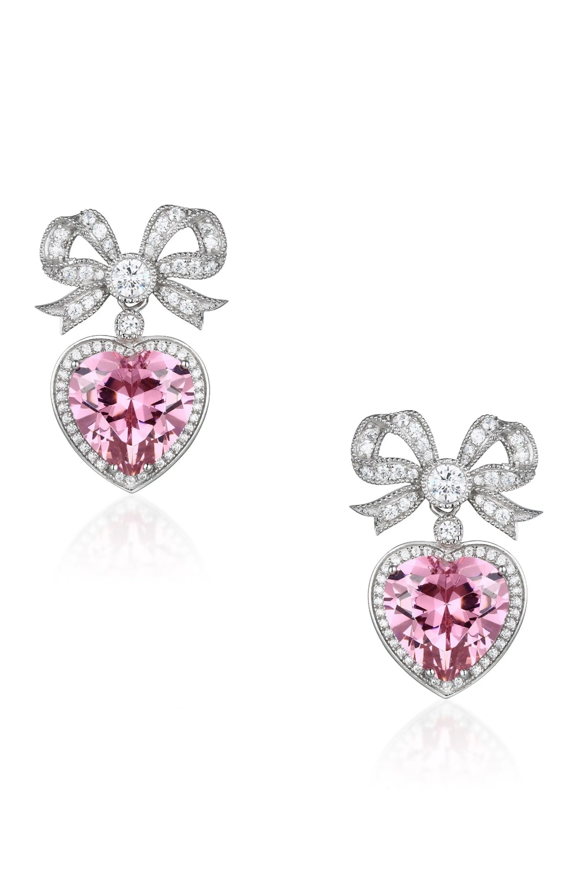 'Princess' Bow and Pink Crystal Heart Silver Earrings