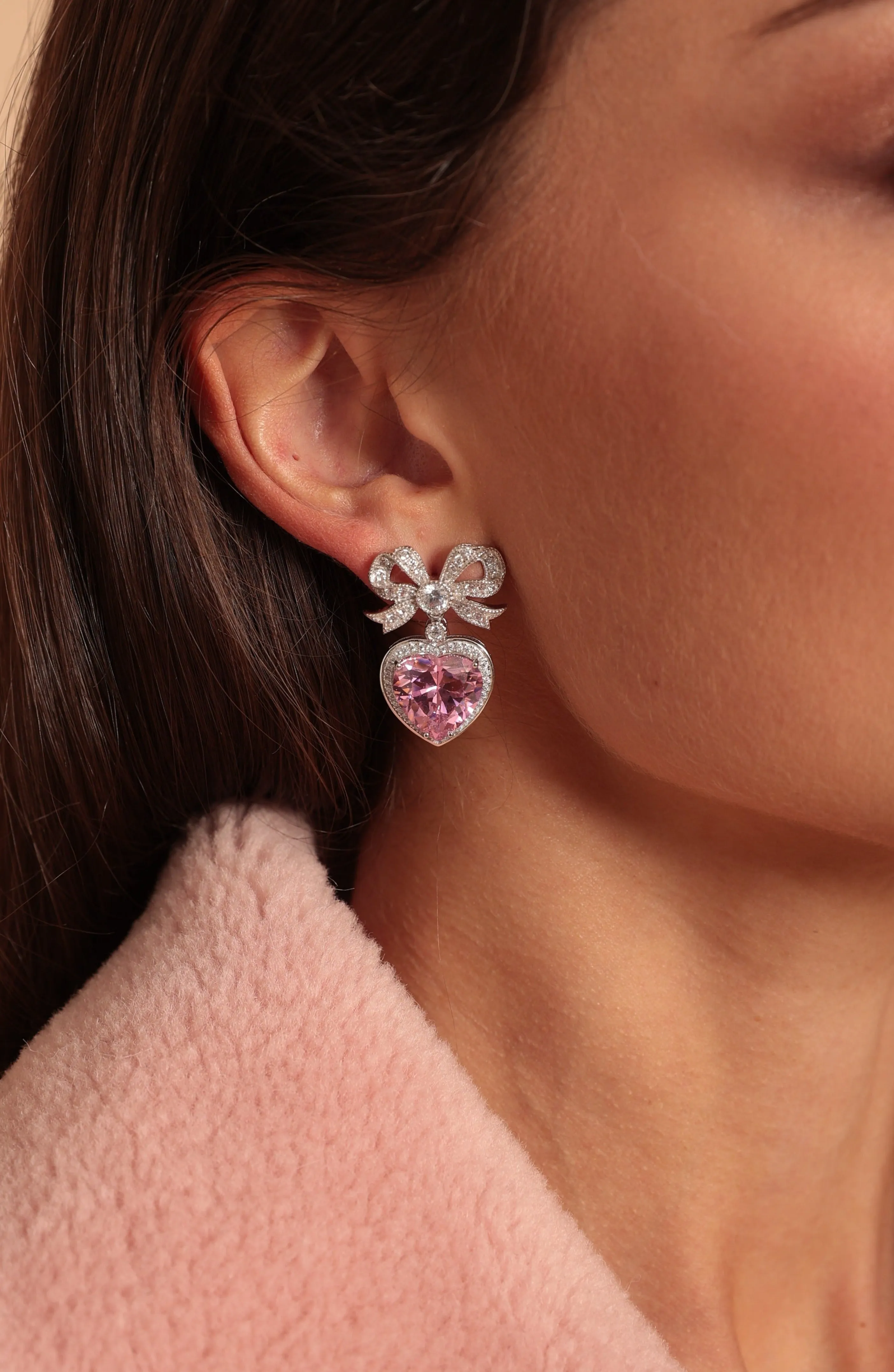 'Princess' Bow and Pink Crystal Heart Silver Earrings