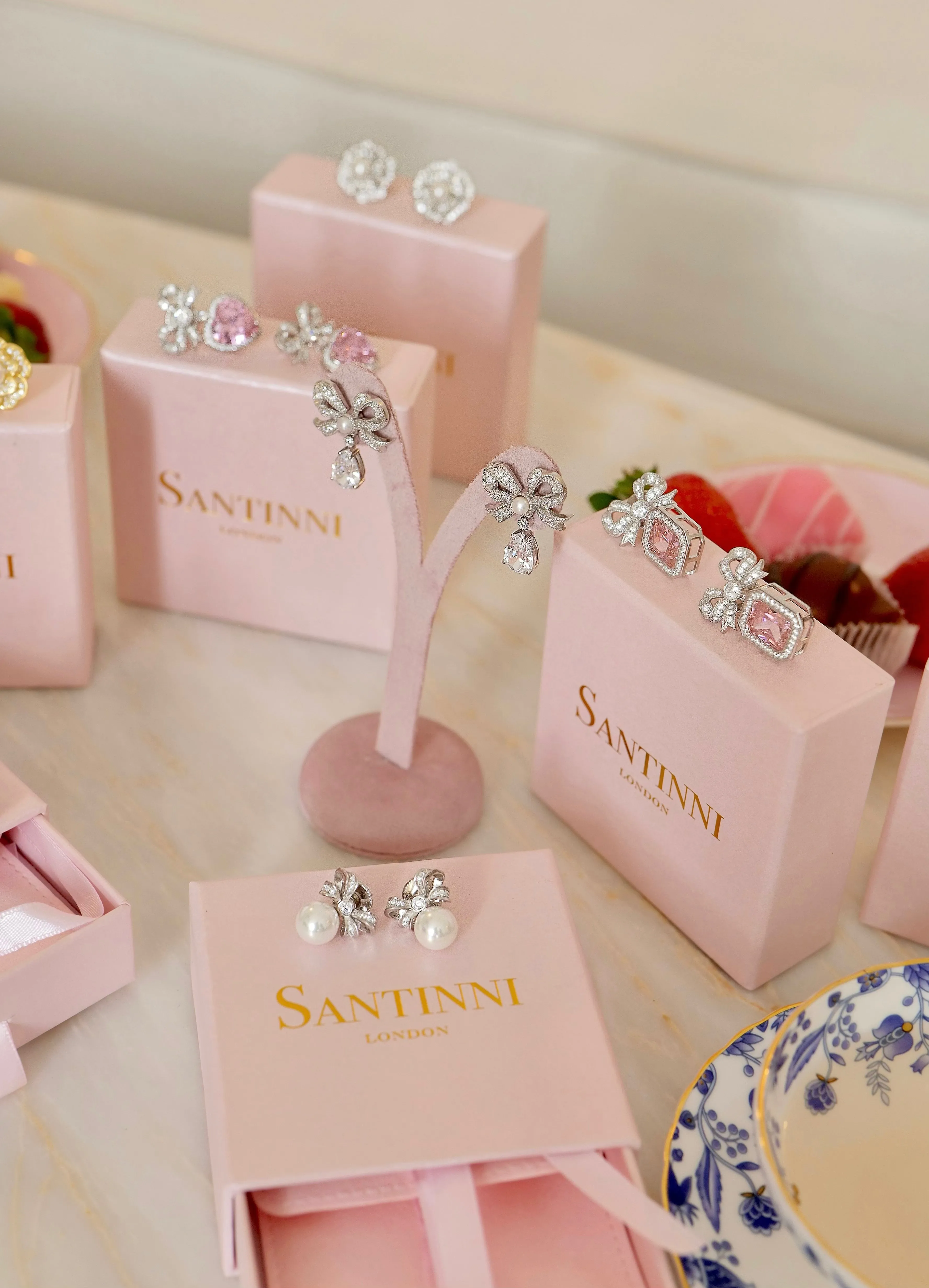 'Princess' Bow and Pink Crystal Heart Silver Earrings