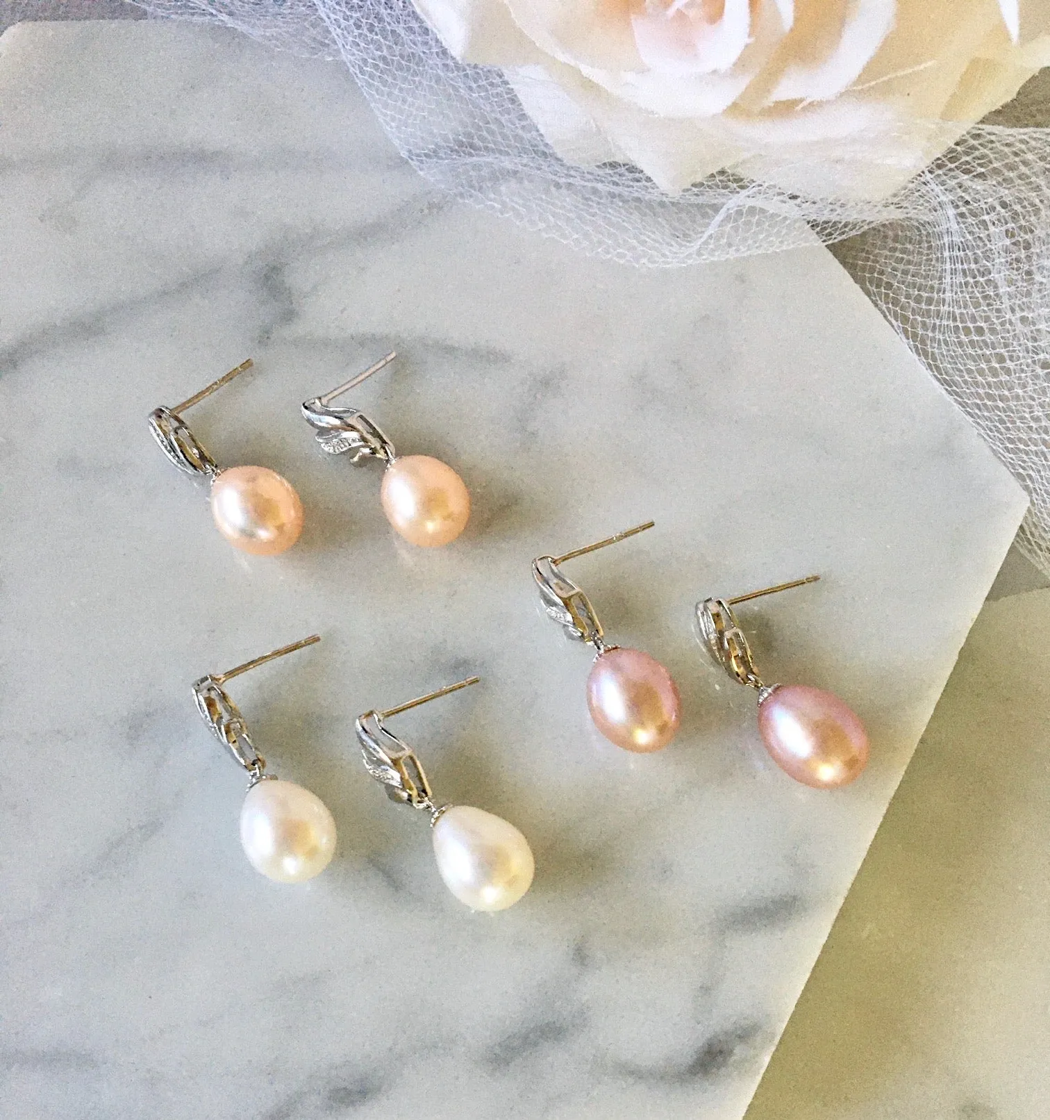 "Alegria" - Sterling Silver and Natural Pearl Bridal Jewelry Set - More Colors Available