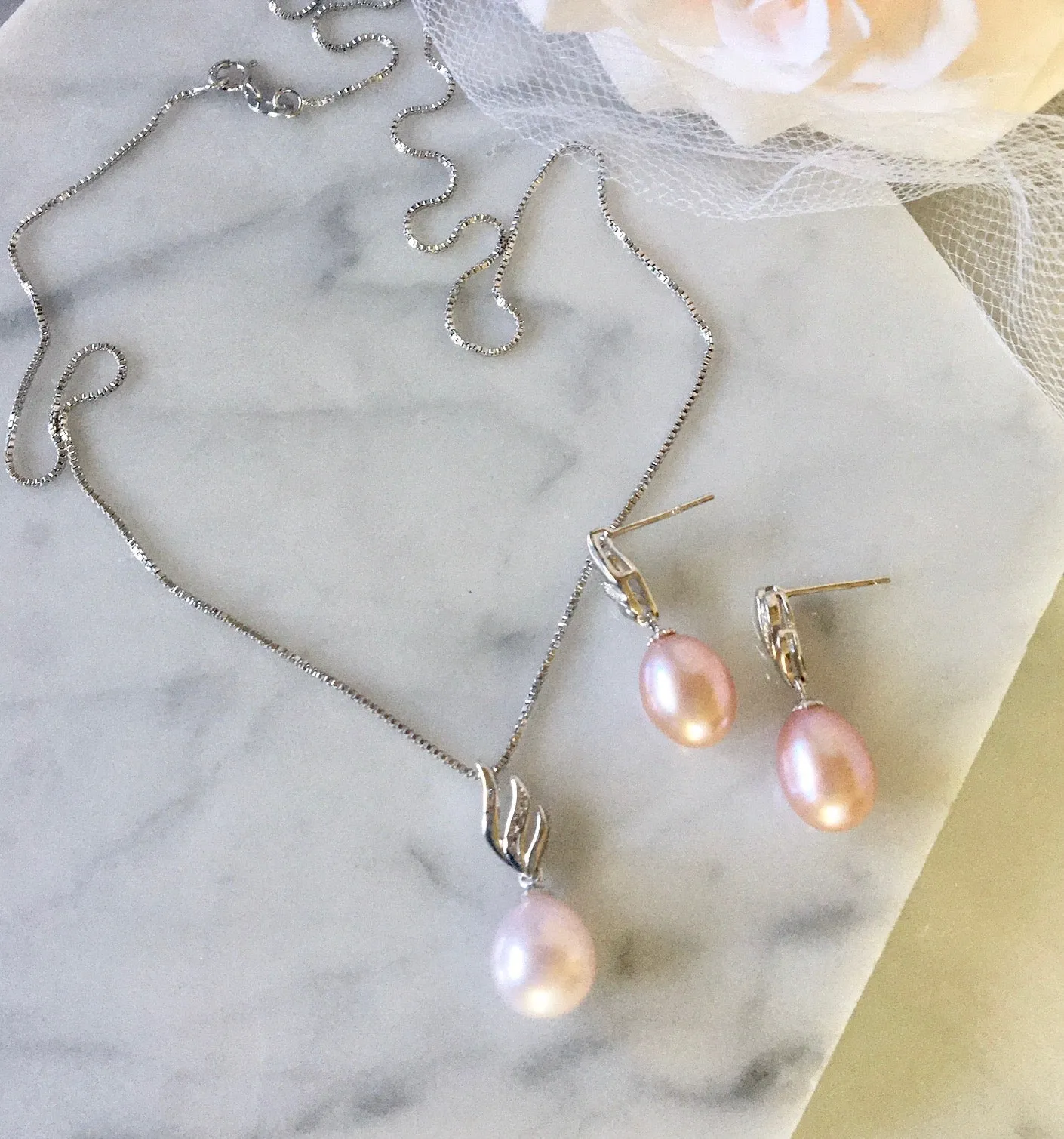 "Alegria" - Sterling Silver and Natural Pearl Bridal Jewelry Set - More Colors Available