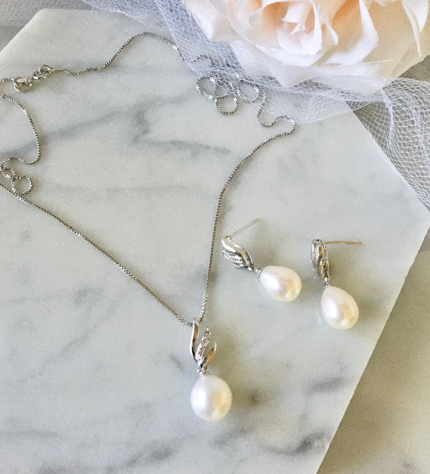 "Alegria" - Sterling Silver and Natural Pearl Bridal Jewelry Set - More Colors Available
