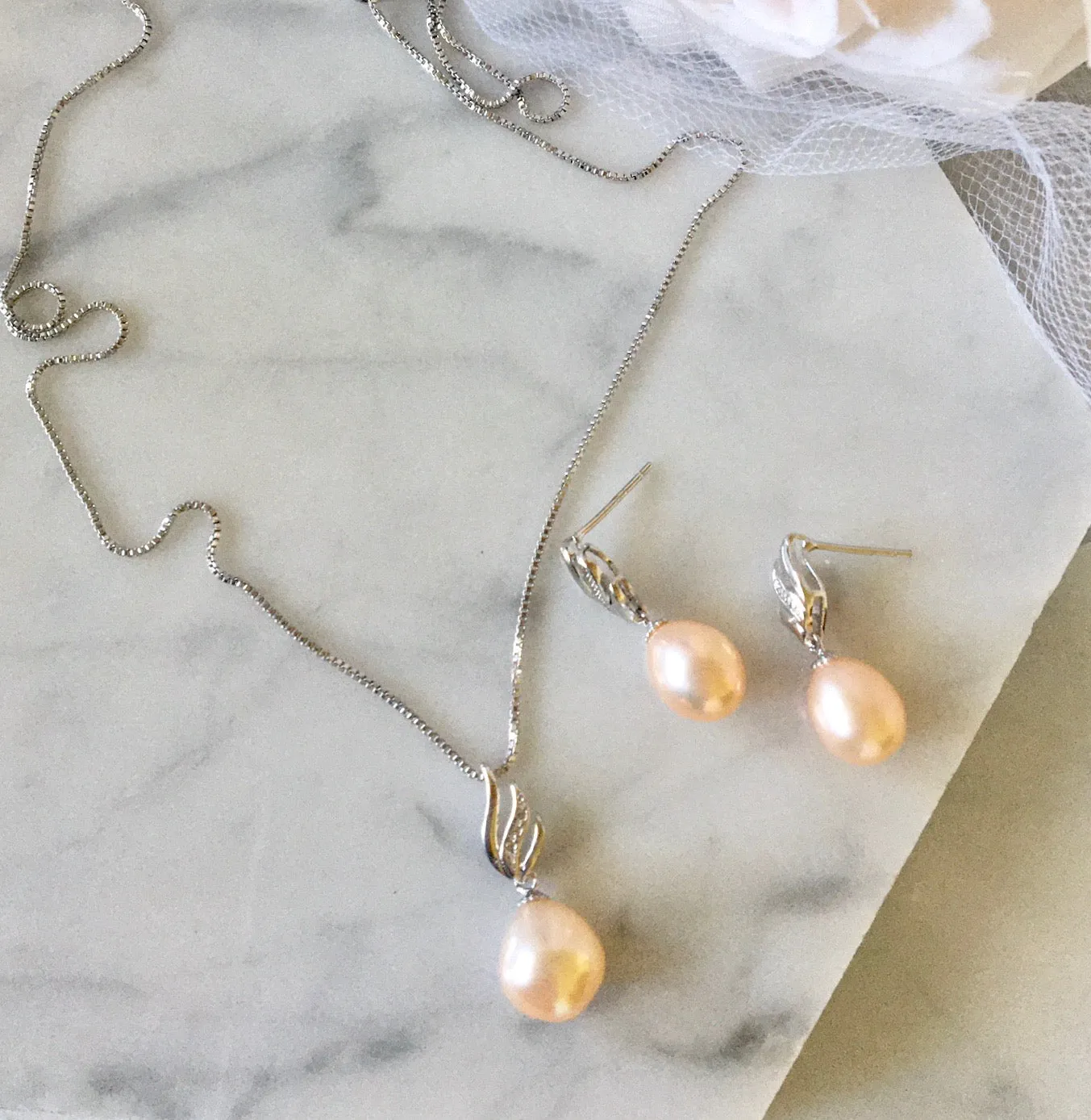 "Alegria" - Sterling Silver and Natural Pearl Bridal Jewelry Set - More Colors Available