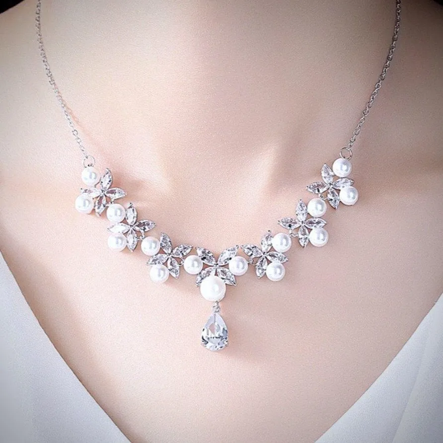 "Louise" - Silver Cubic Zirconia and Pearl Bridal Jewelry Set