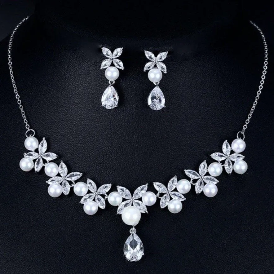 "Louise" - Silver Cubic Zirconia and Pearl Bridal Jewelry Set