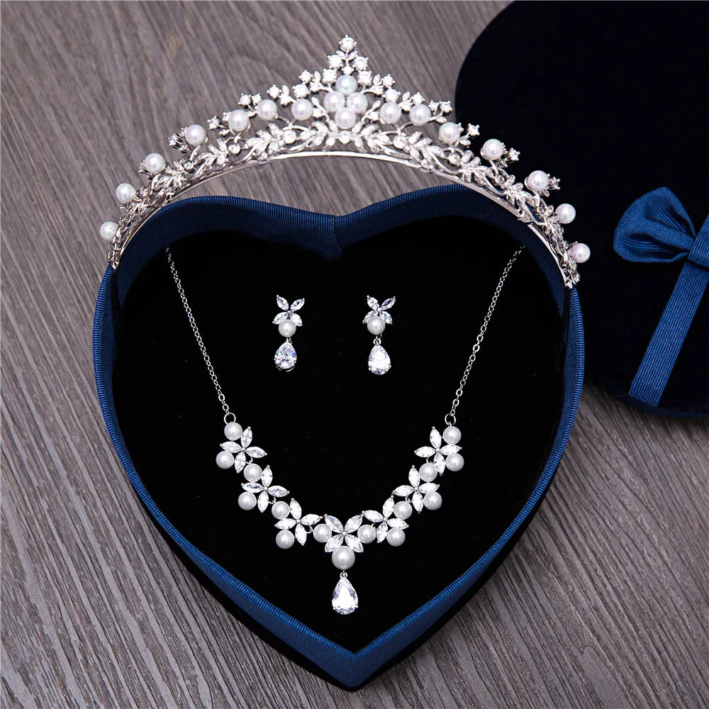 "Louise" - Silver Cubic Zirconia and Pearl Bridal Jewelry Set
