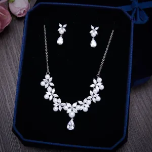 "Louise" - Silver Cubic Zirconia and Pearl Bridal Jewelry Set