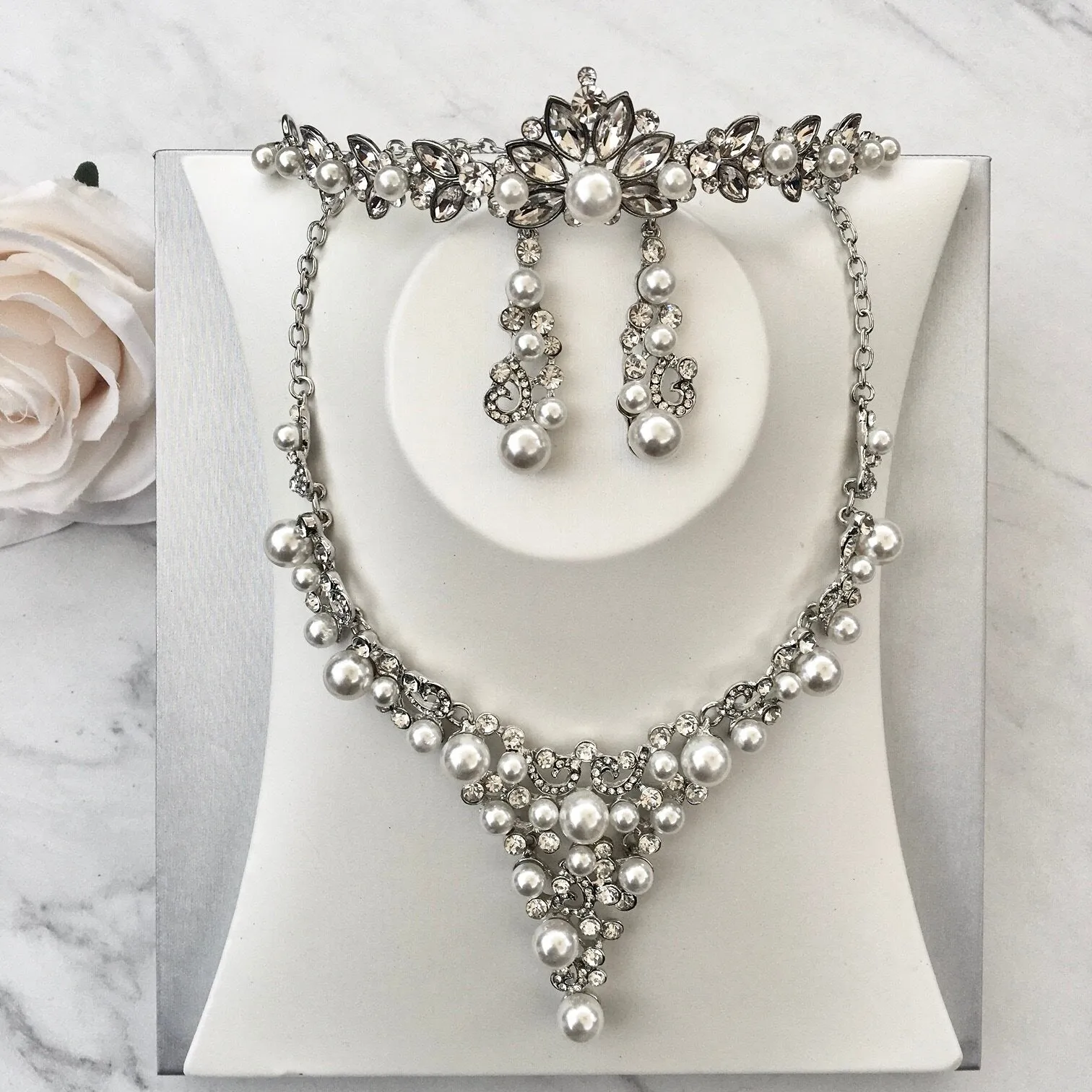 "Naomi" - Pearl and Crystal Bridal Jewelry Set With Tiara