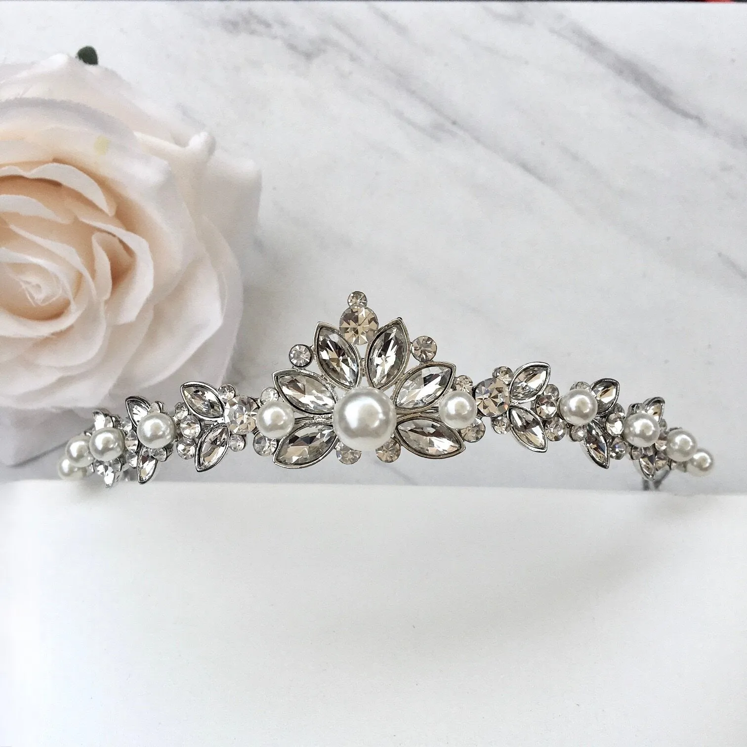 "Naomi" - Pearl and Crystal Bridal Jewelry Set With Tiara