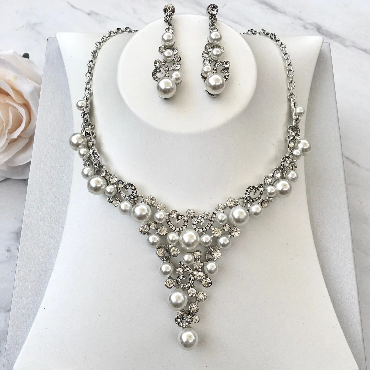 "Naomi" - Pearl and Crystal Bridal Jewelry Set With Tiara