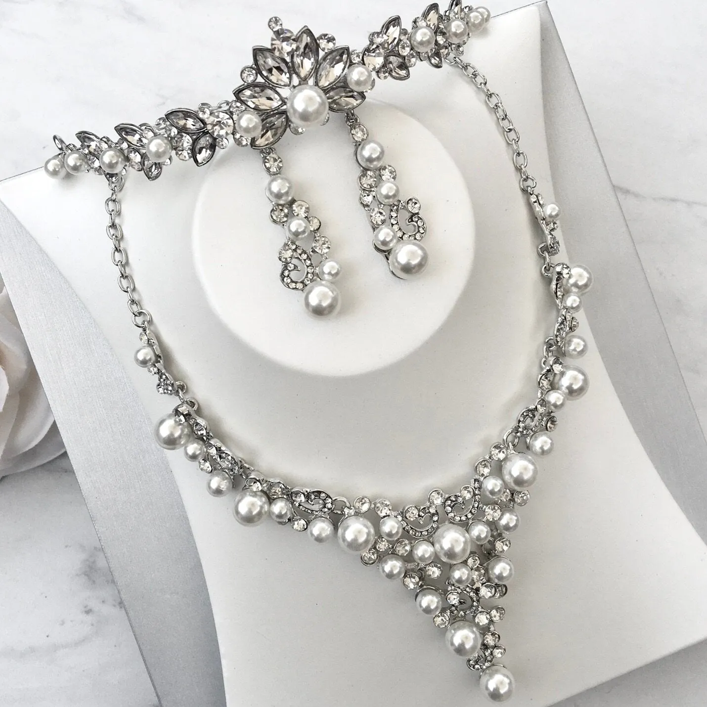 "Naomi" - Pearl and Crystal Bridal Jewelry Set With Tiara