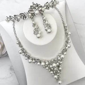 "Naomi" - Pearl and Crystal Bridal Jewelry Set With Tiara