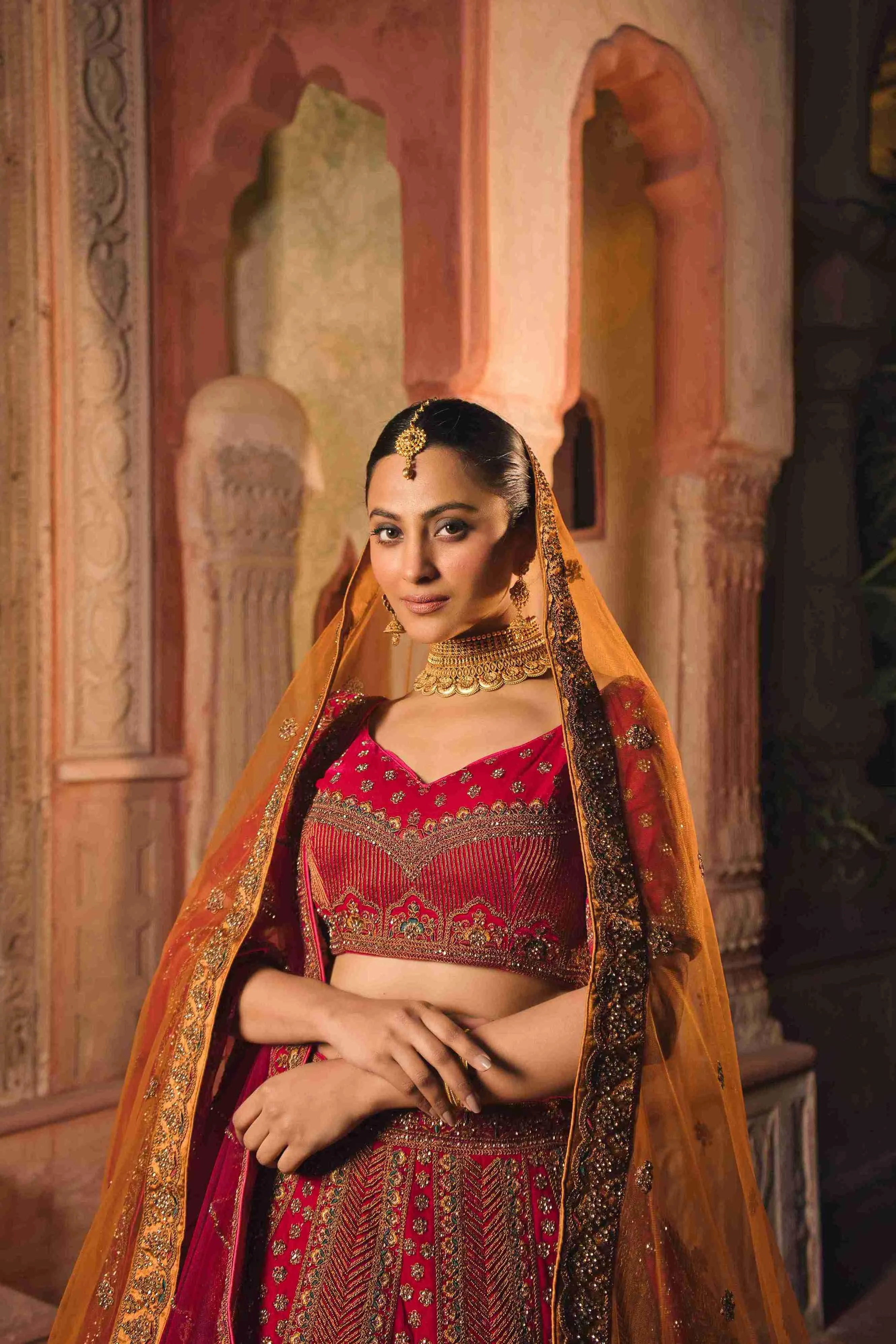 Rani Velvet Bridal Lehenga with Zari, Zarkan & Cutdana Work