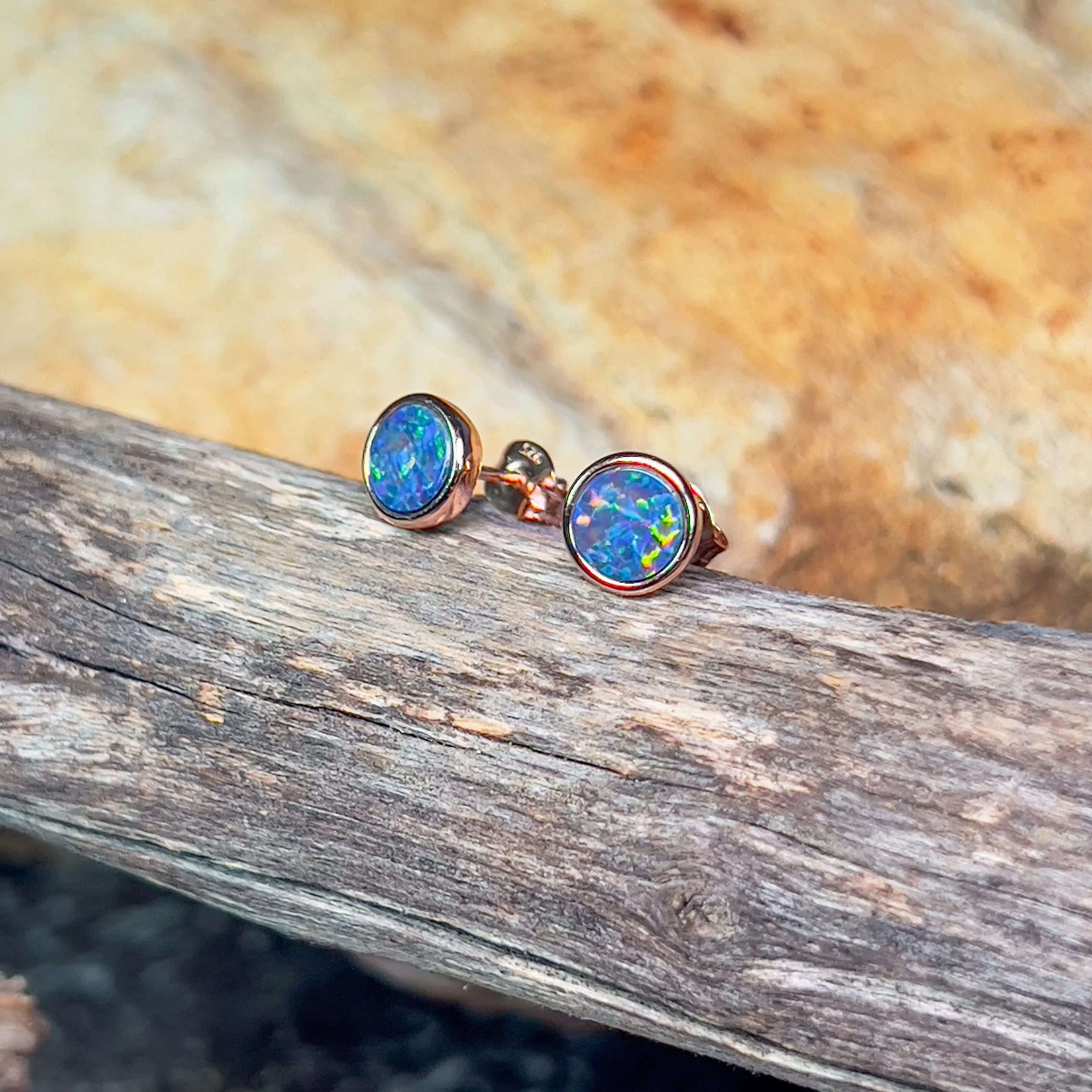 Rose Gold plated Silver Round Opal doublet studs