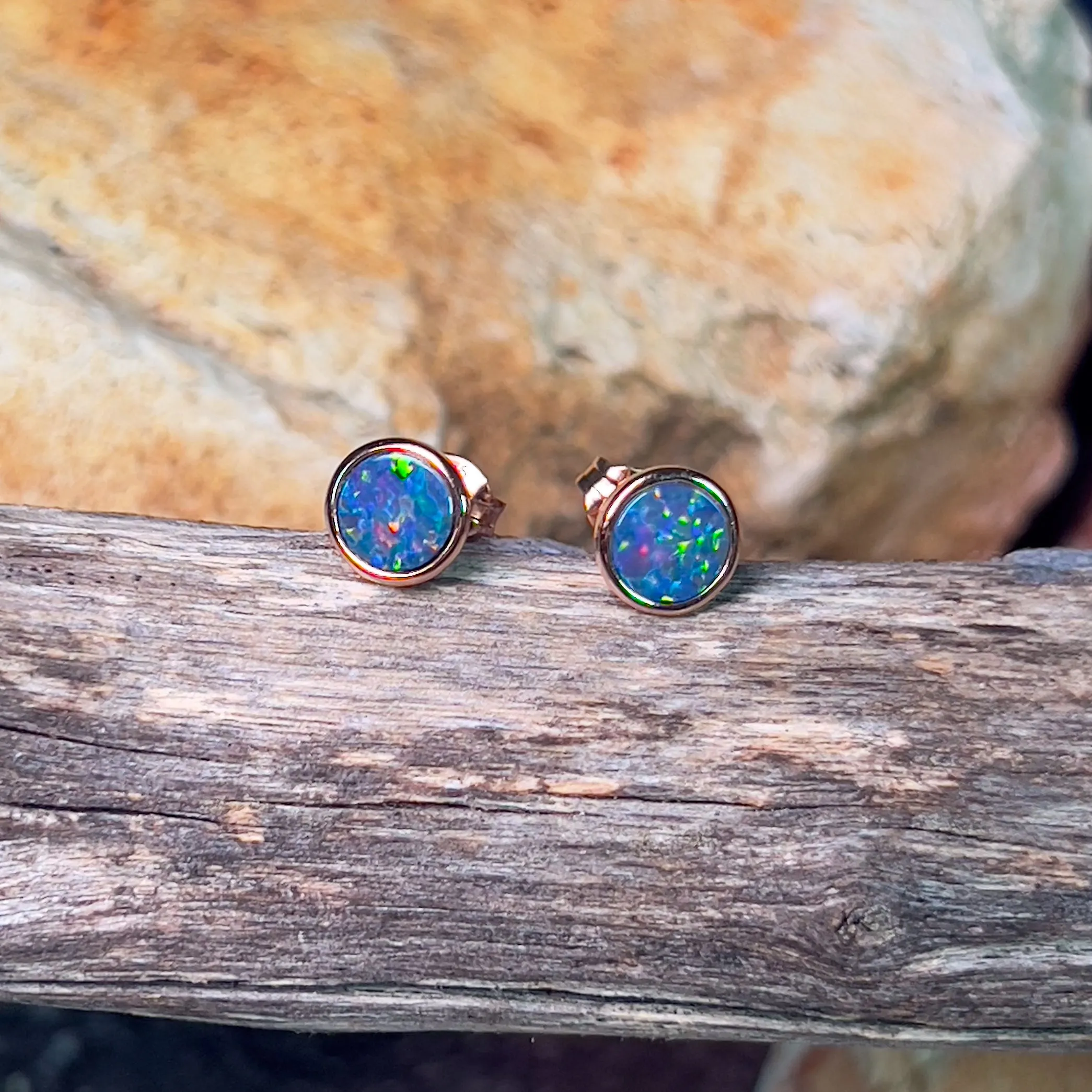 Rose Gold plated Silver Round Opal doublet studs
