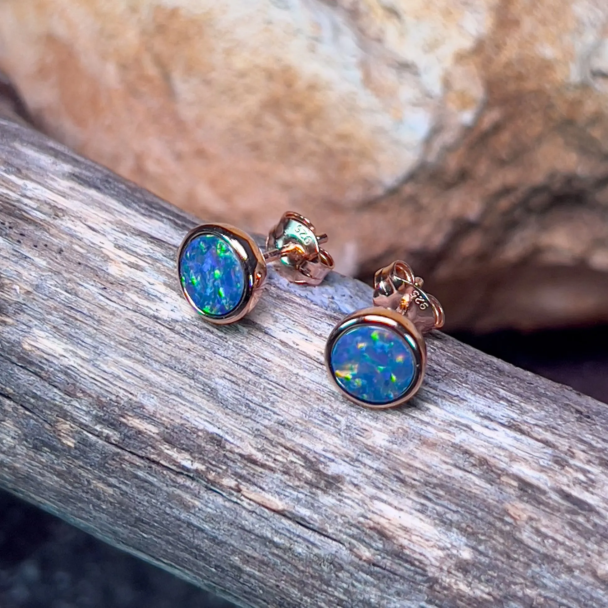 Rose Gold plated Silver Round Opal doublet studs