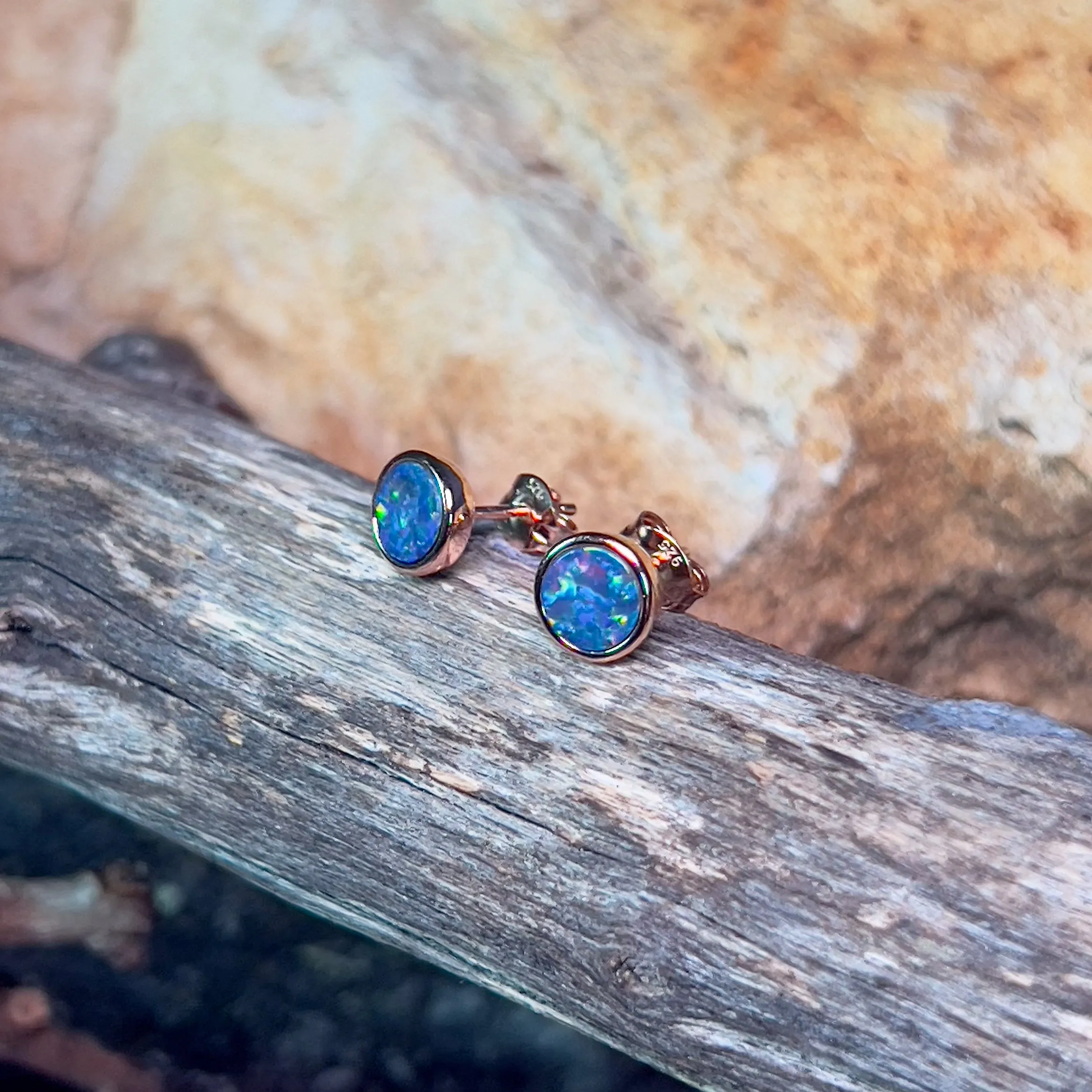 Rose Gold plated Silver Round Opal doublet studs