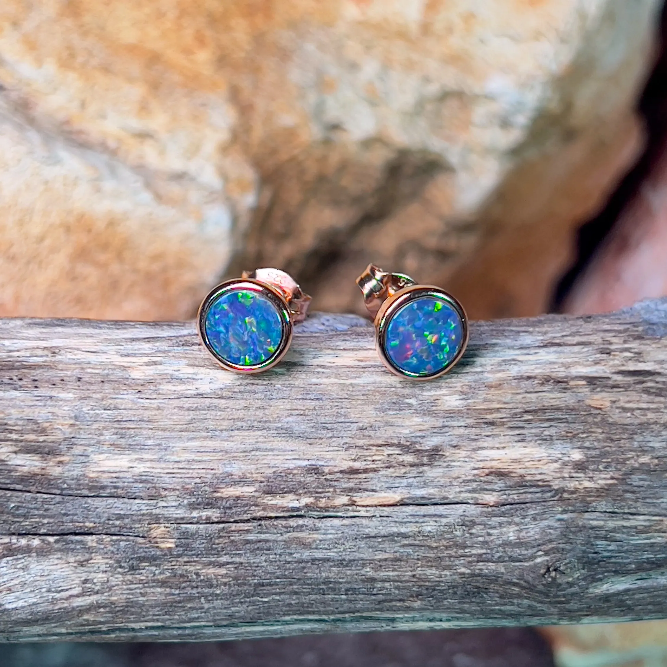 Rose Gold plated Silver Round Opal doublet studs