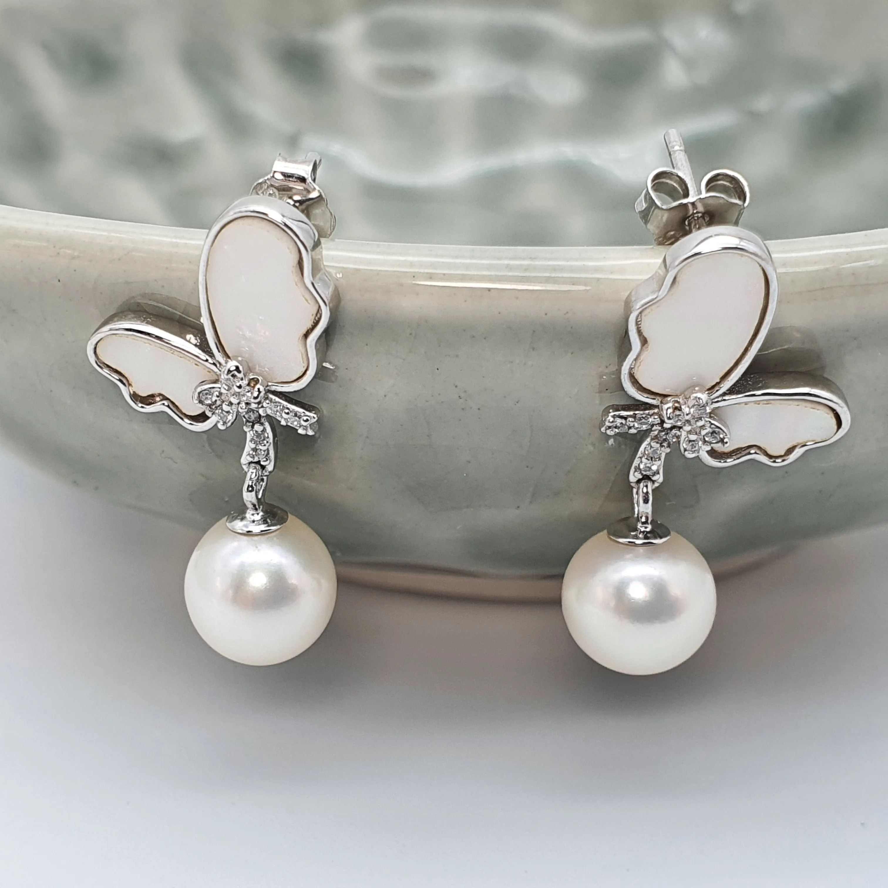 Round Pearl & Mother Of Pearl Bow Earring, Sterling Silver