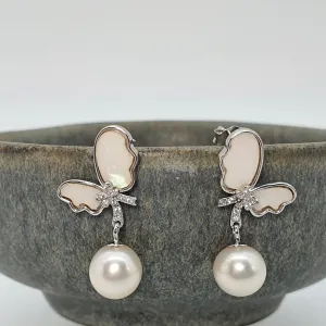 Round Pearl & Mother Of Pearl Bow Earring, Sterling Silver