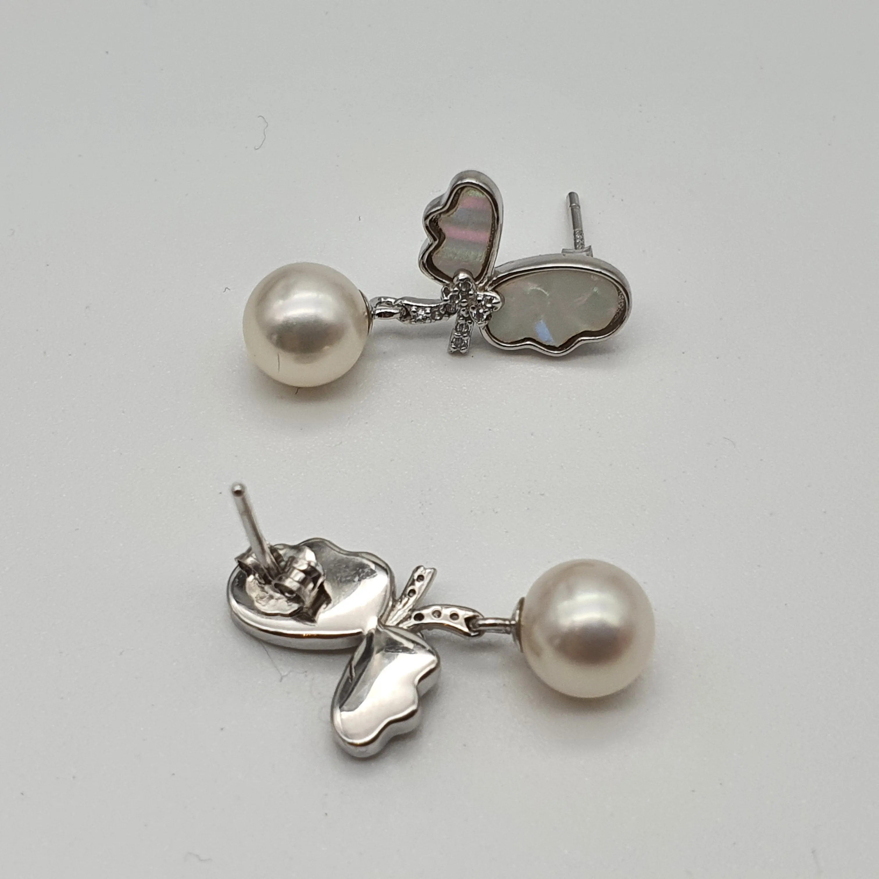 Round Pearl & Mother Of Pearl Bow Earring, Sterling Silver