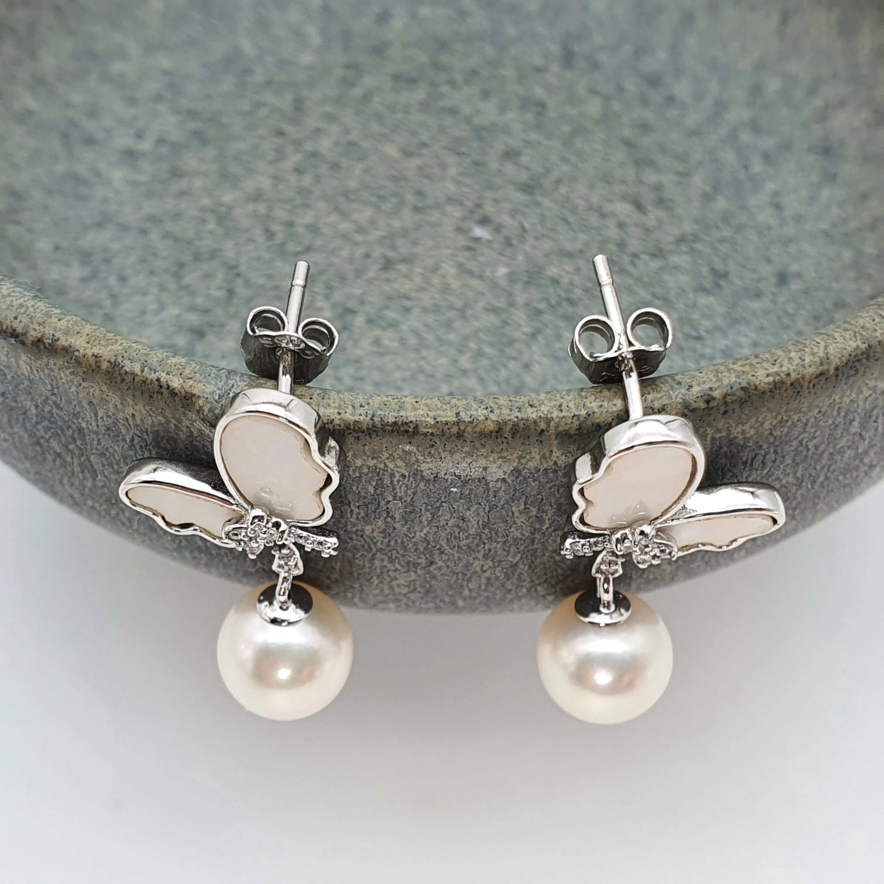 Round Pearl & Mother Of Pearl Bow Earring, Sterling Silver