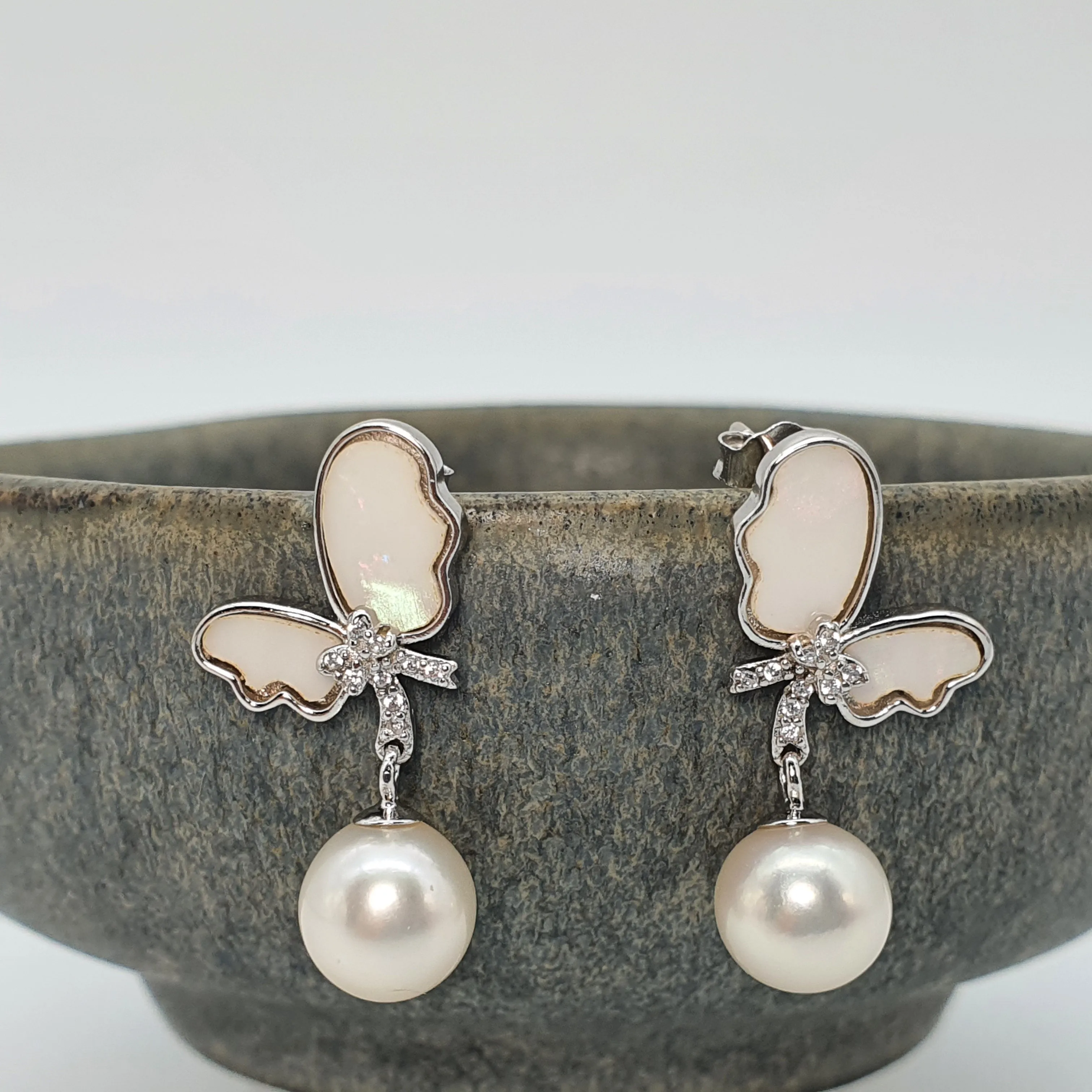 Round Pearl & Mother Of Pearl Bow Earring, Sterling Silver
