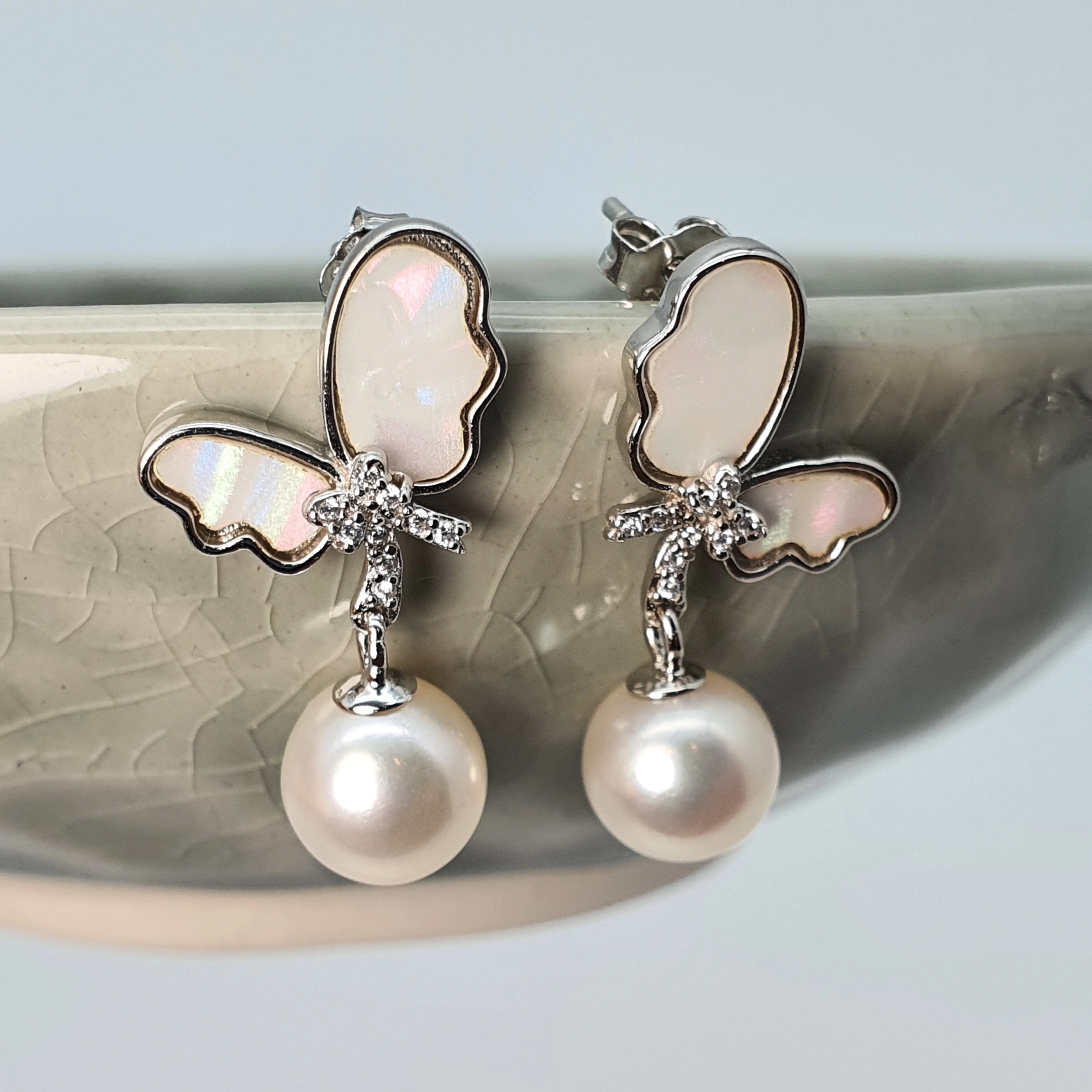 Round Pearl & Mother Of Pearl Bow Earring, Sterling Silver
