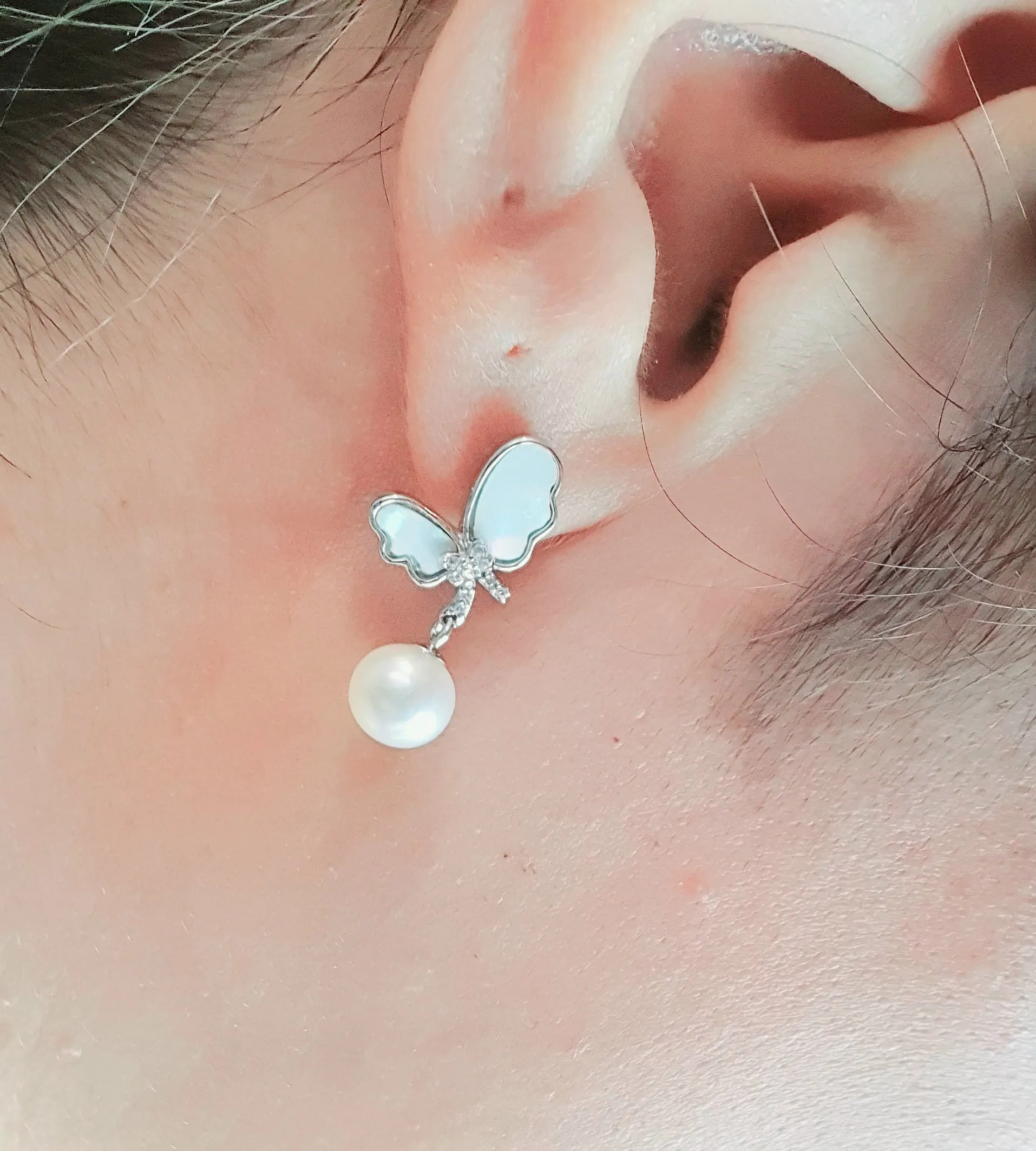 Round Pearl & Mother Of Pearl Bow Earring, Sterling Silver