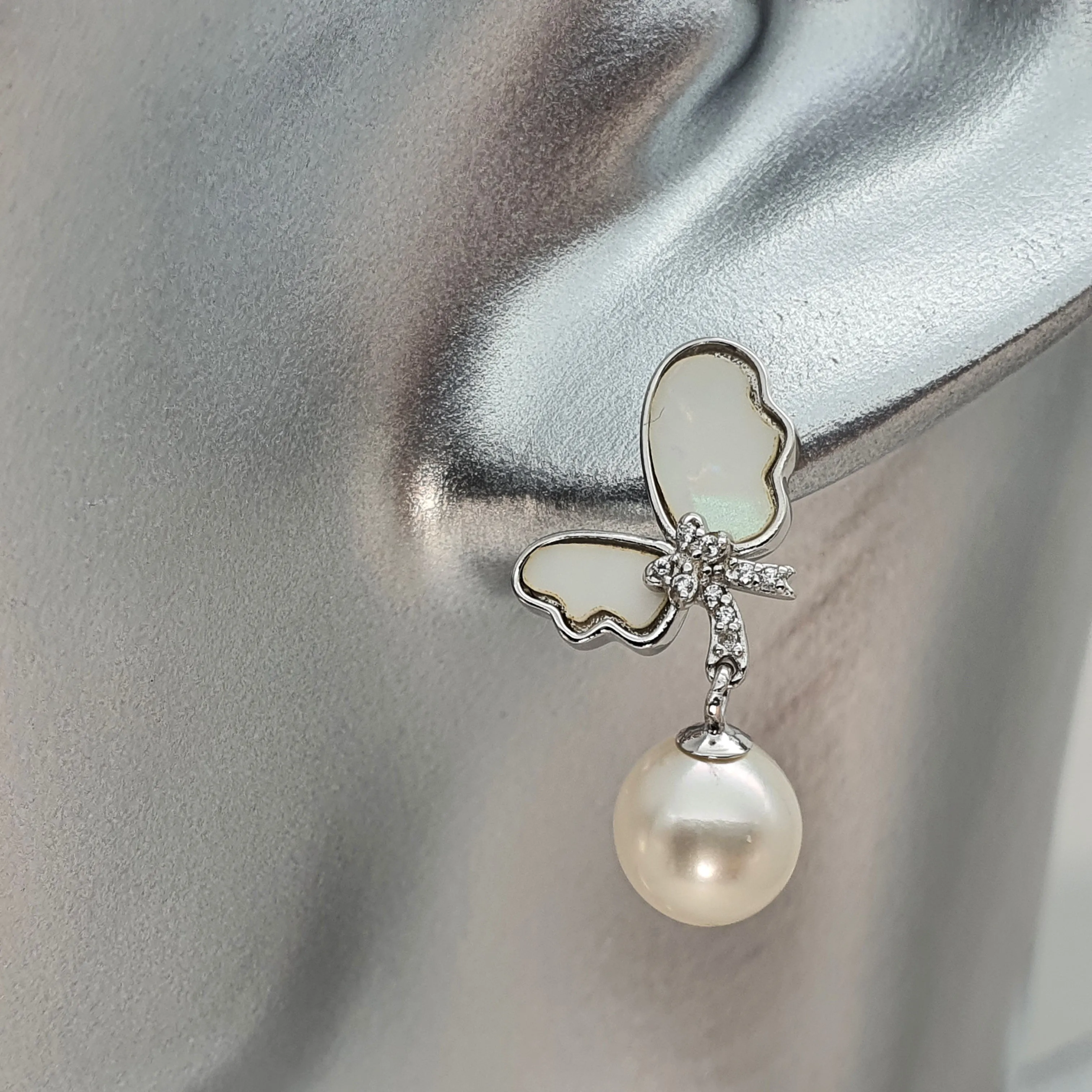 Round Pearl & Mother Of Pearl Bow Earring, Sterling Silver