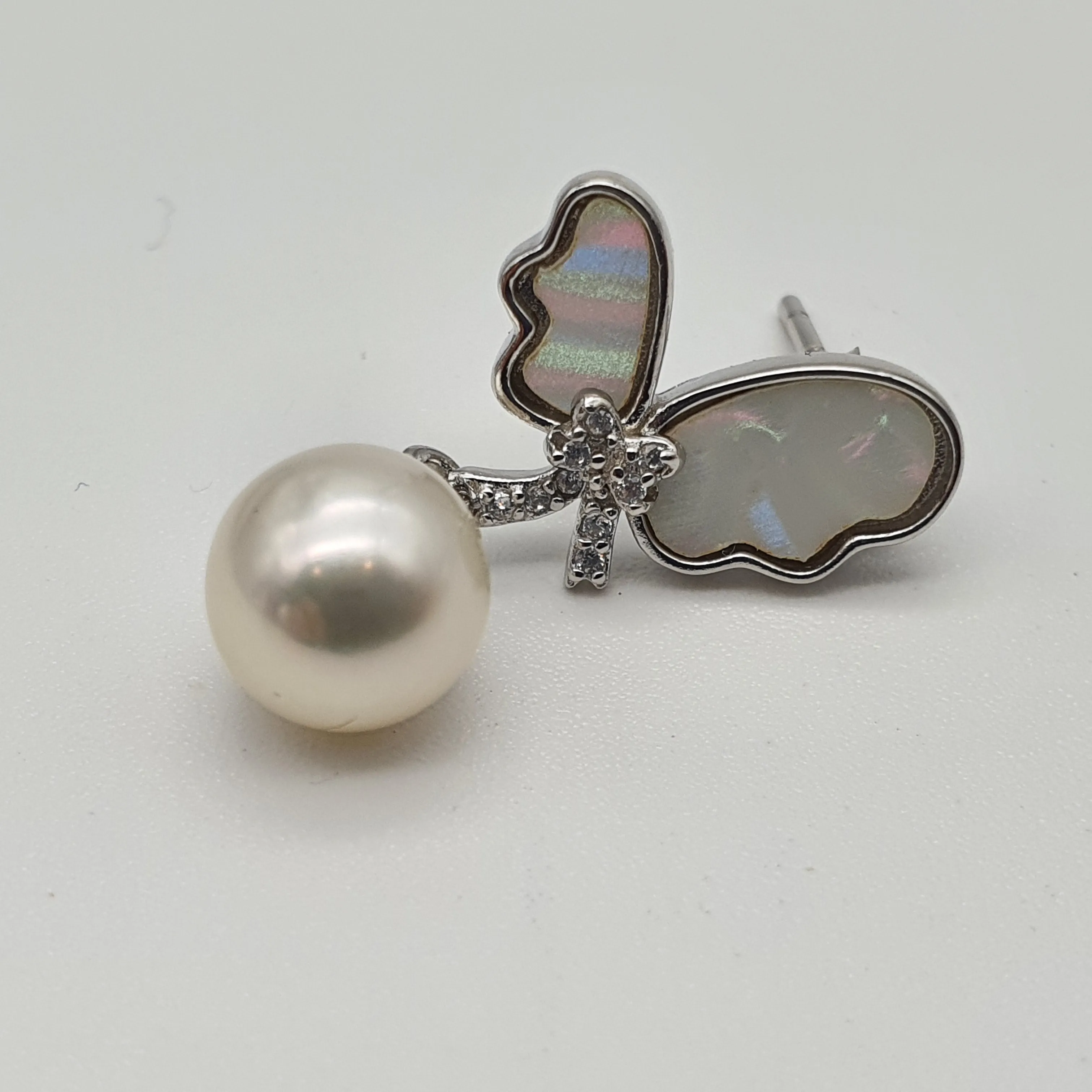 Round Pearl & Mother Of Pearl Bow Earring, Sterling Silver