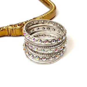 Set of Seven | AB Crystal Bangle Bracelet Set in Silver Tone