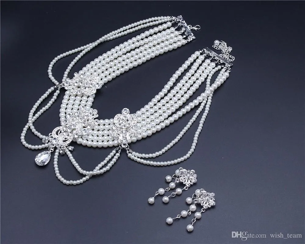 Silver crystal rhinestone pearl Wedding Bridal choker necklace earring Jewelry Set
