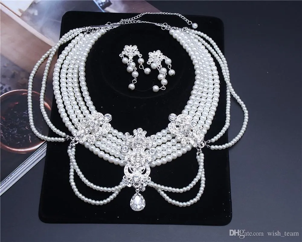 Silver crystal rhinestone pearl Wedding Bridal choker necklace earring Jewelry Set